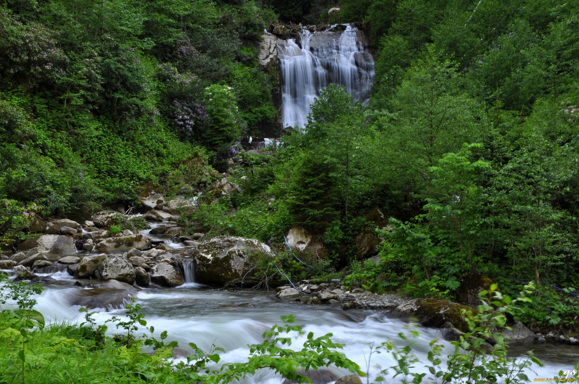 природа, водопады, камни, река, лес