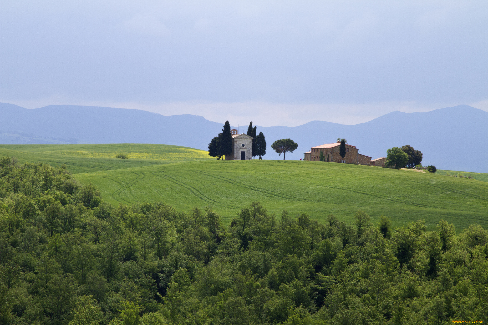 tuscany, italy, природа, поля, тоскана, италия, деревья, горы, постройки, пейзаж