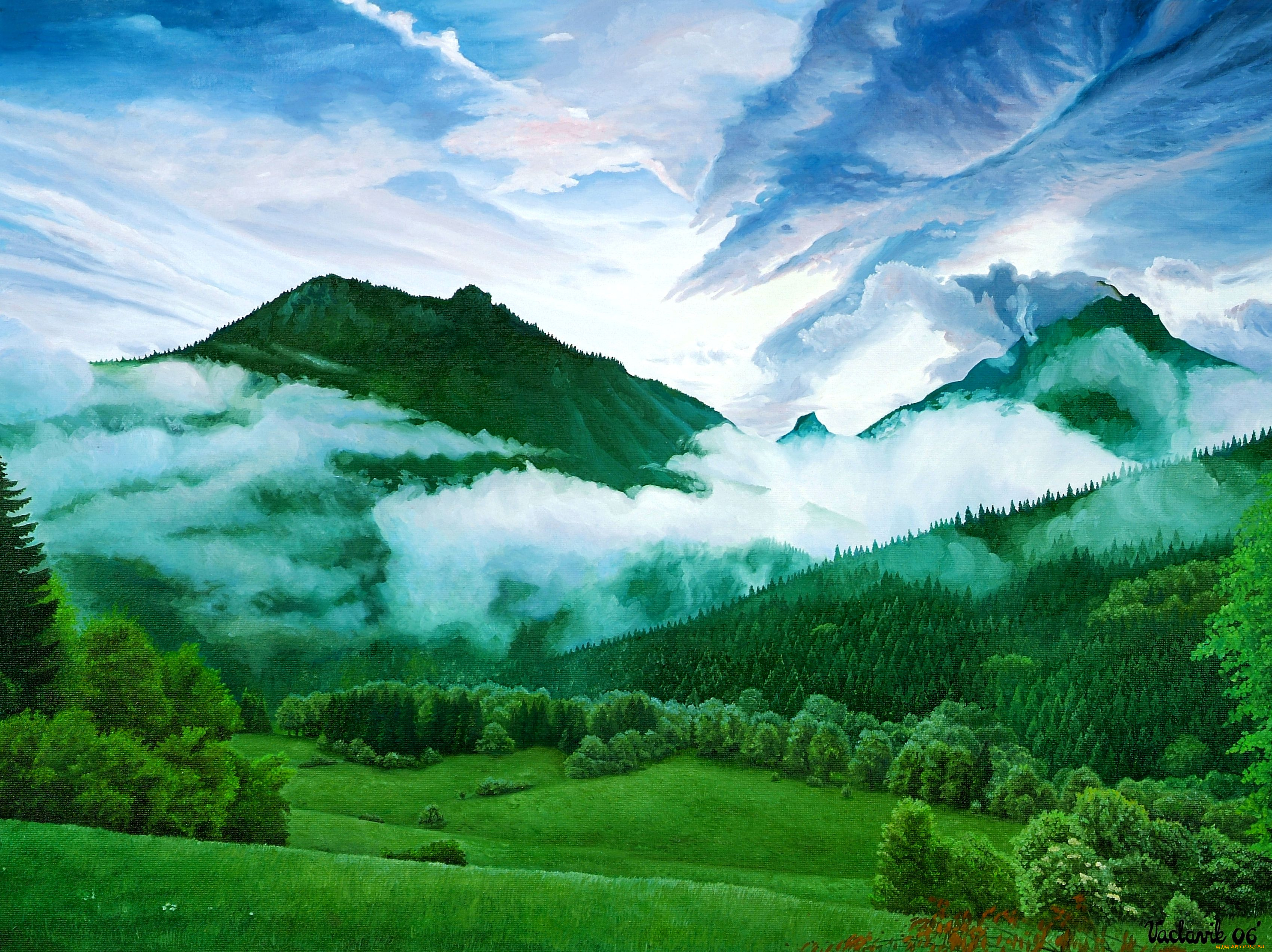 рисованные, природа, горы, облака