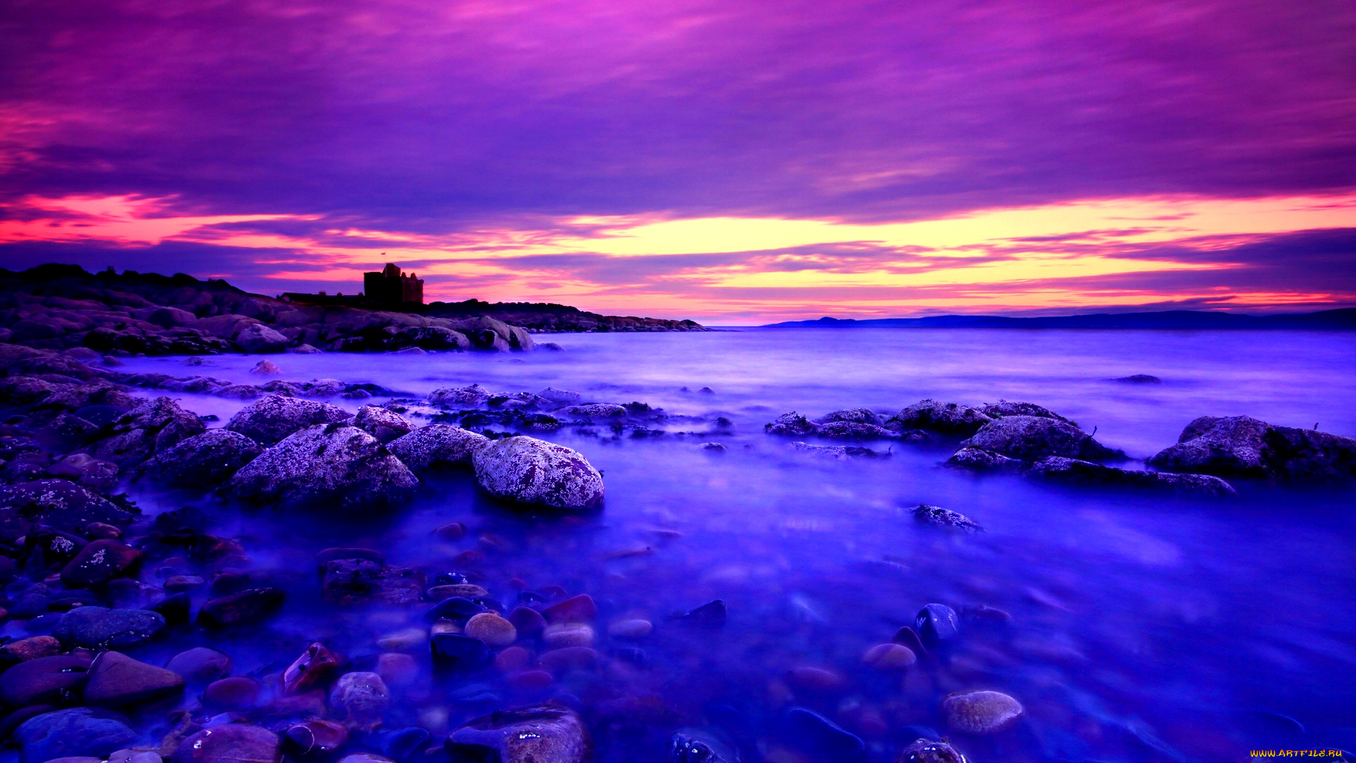 dusk, colors, природа, побережье, камни, берег, море, небо, фиолетовое, тучи