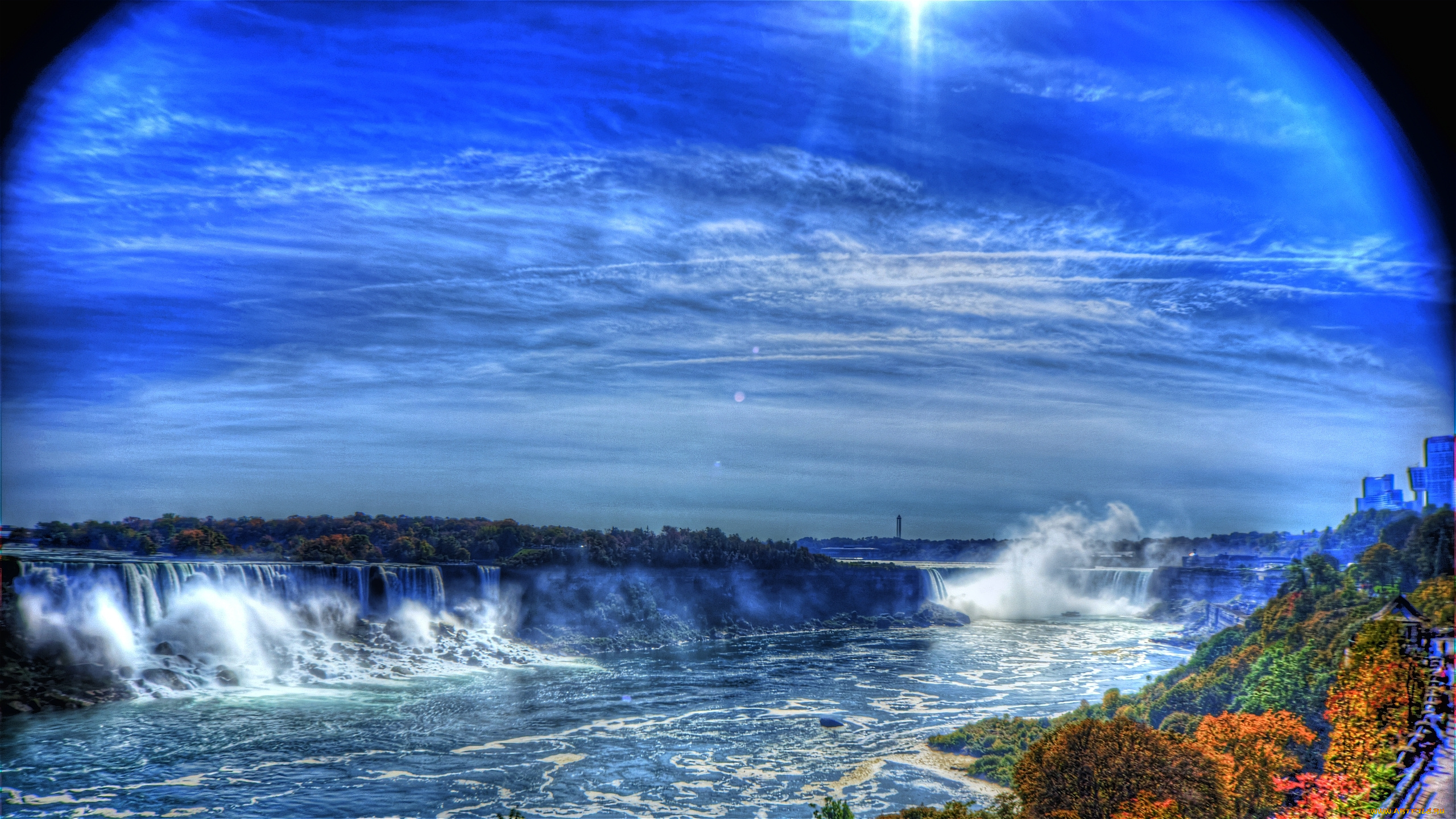 blue, skys, природа, водопады, панорама, водопад, река