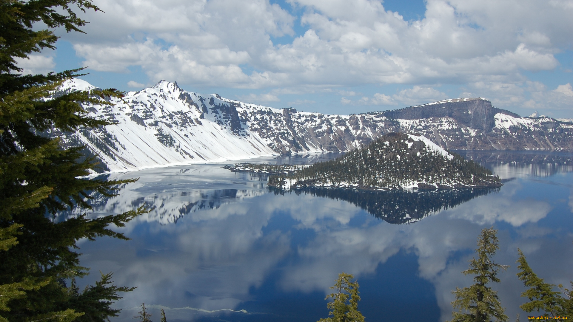 crater, lake, national, park, oregon, природа, реки, озера, озеро, крейтер, орегон, остров, отражение, ели