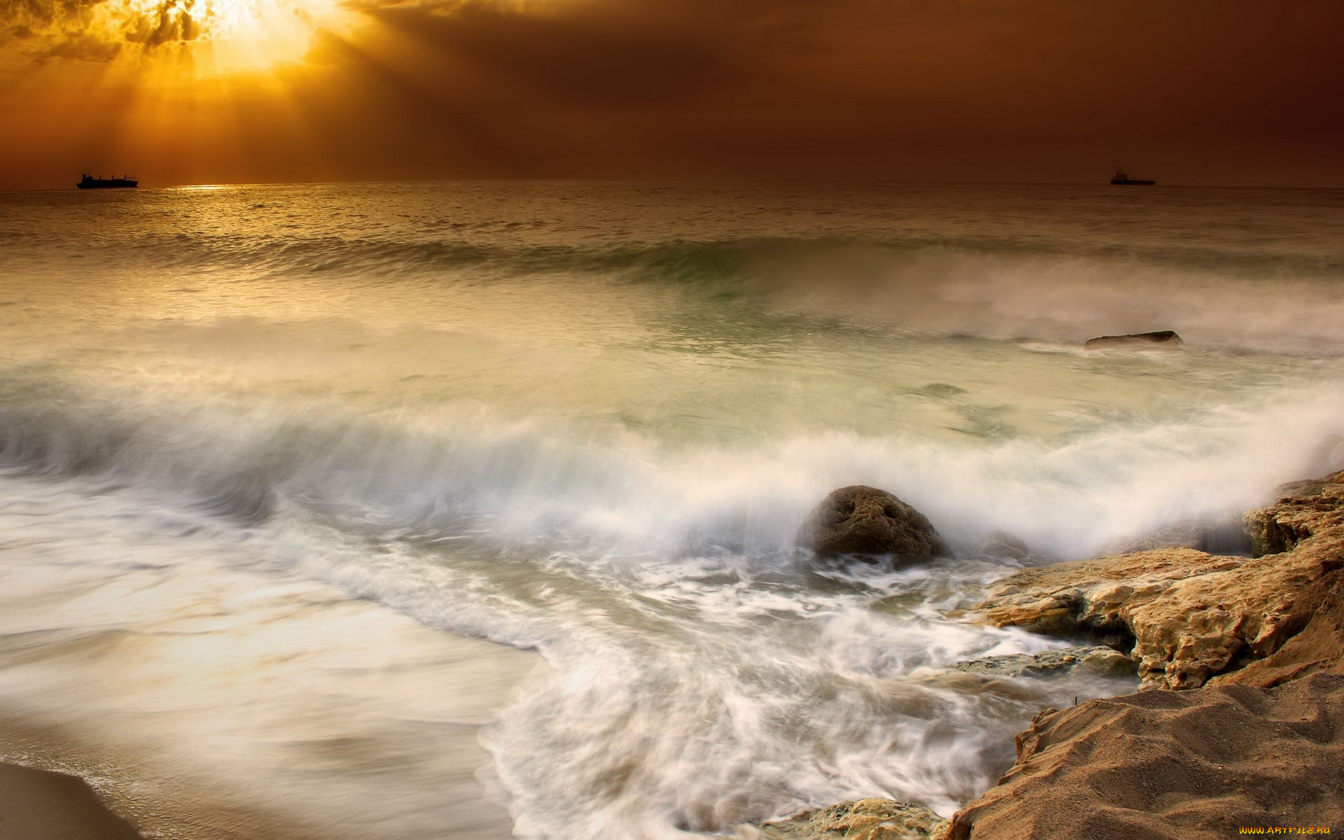 природа, моря, океаны, океан, шторм, пляж, камни, волны, тучи, лучи, солнца
