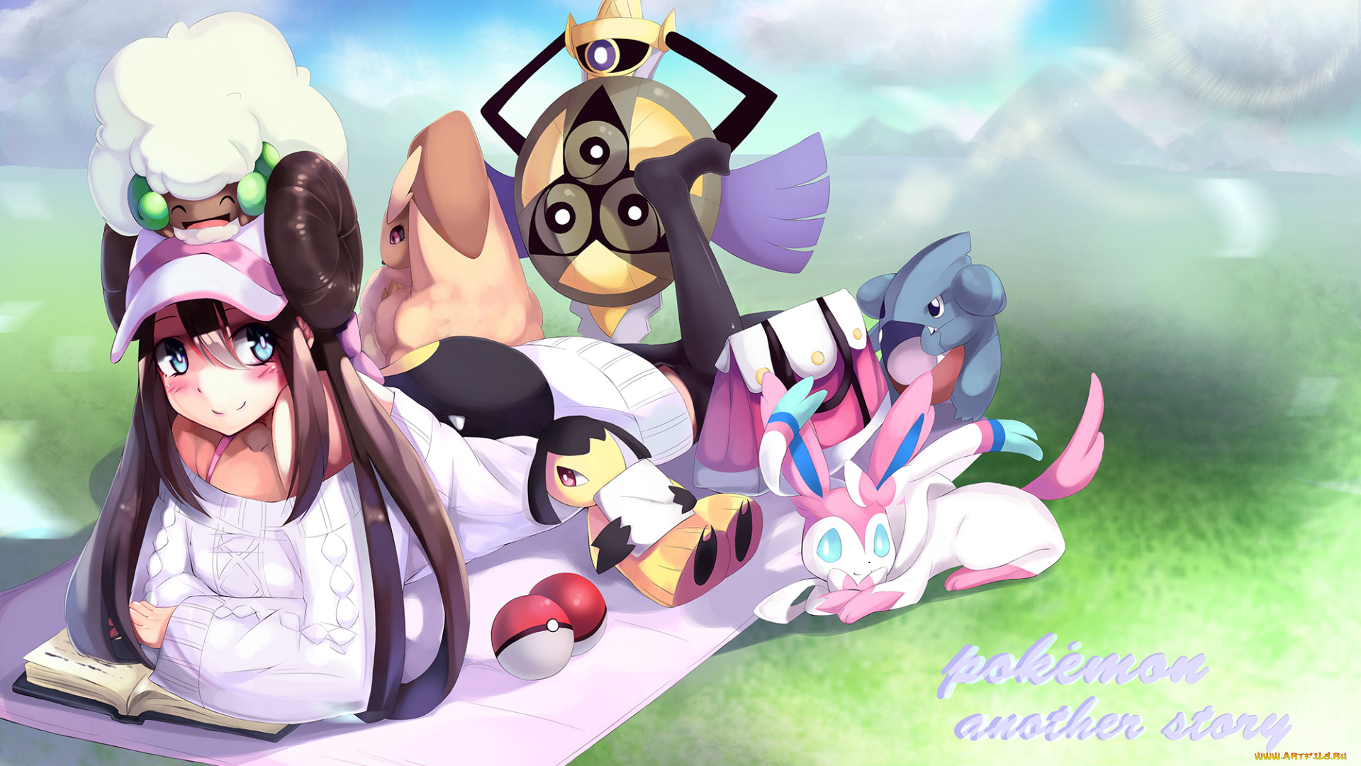 аниме, pokemon, lopunny, mawile, mei, sylveon, арт, девушка, лежит, покемоны