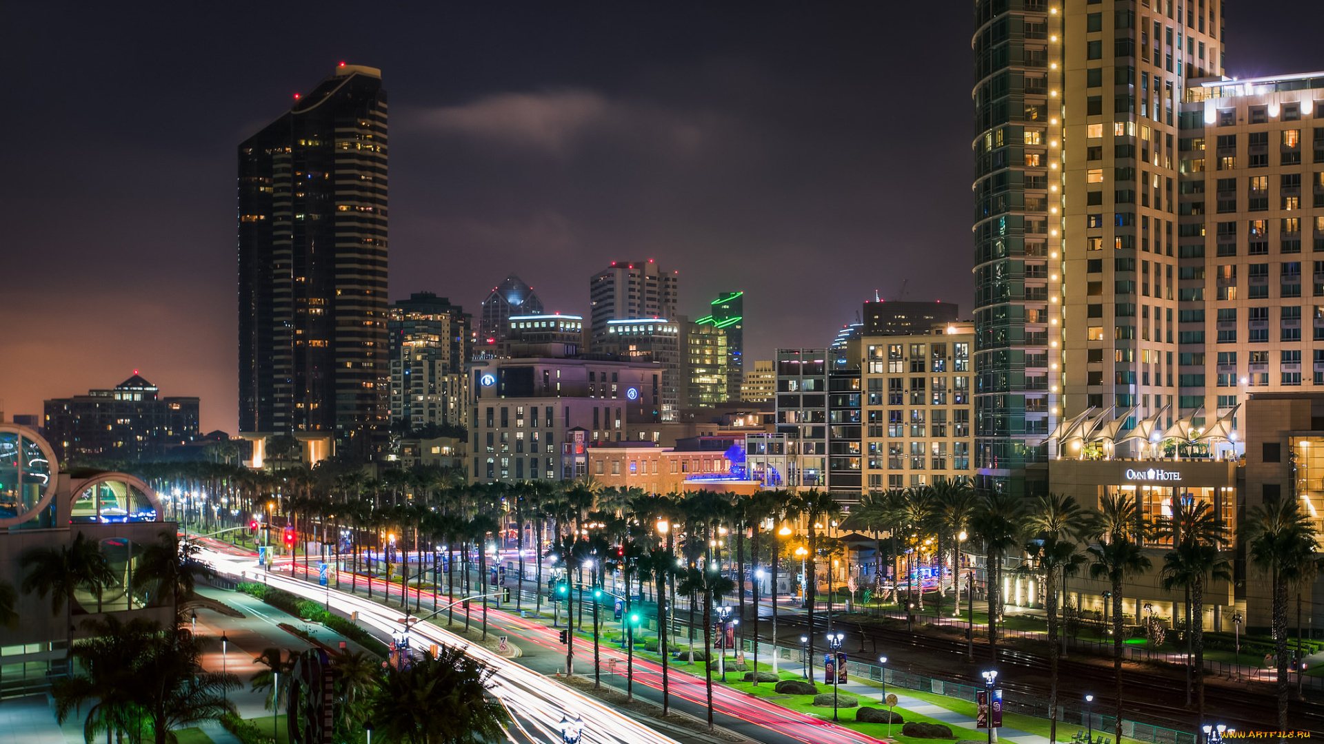 downtown, san, diego, города, сан-диего, , сша, улица, ночь, здания, огни