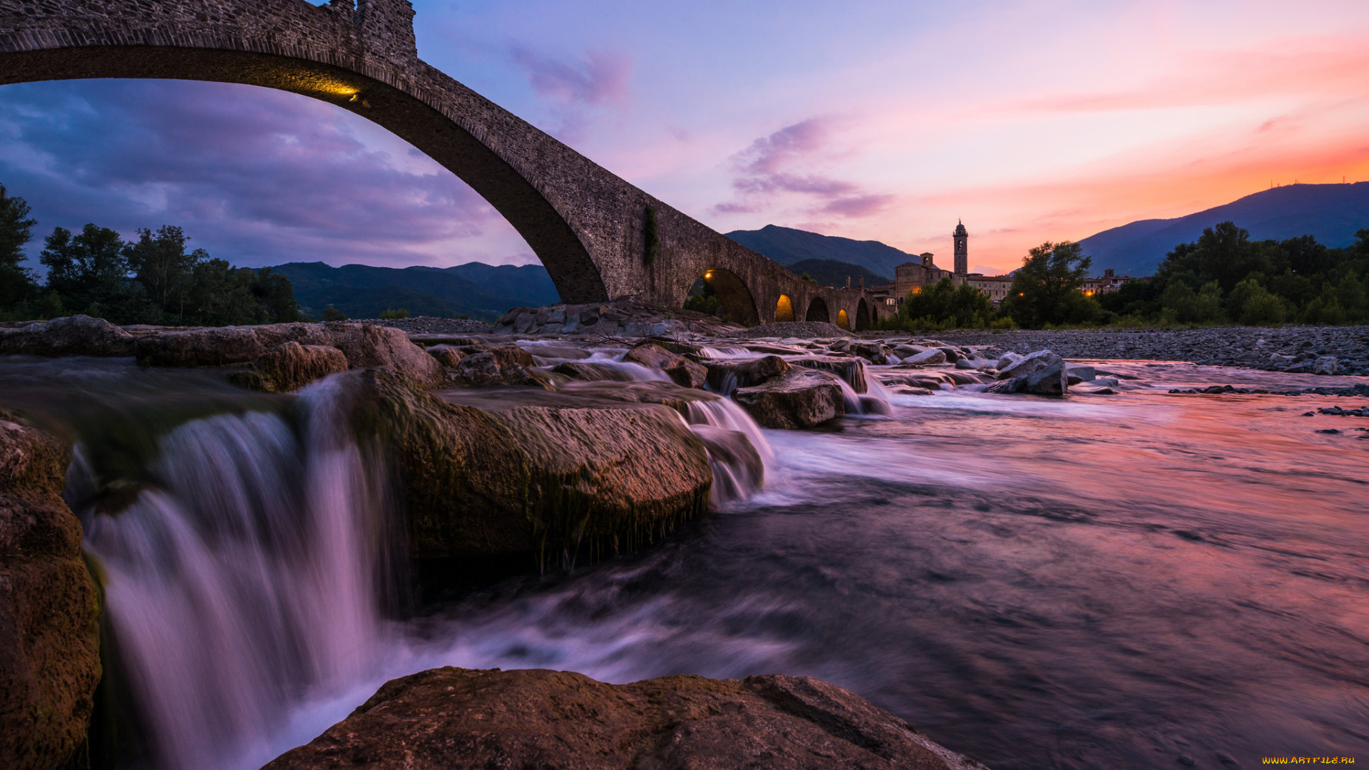 города, -, мосты, камни, река, trebbia, river, humpback, bridge, мост, италтя, боббио, треббия, ponte, gobbo, гоббо, italy, bobbio