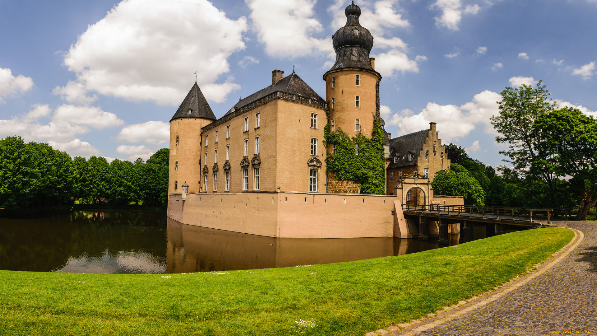 moated, castle, gemen, города, замки, германии, замок, парк, пруд