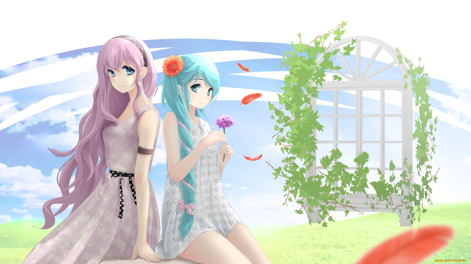 аниме, vocaloid, арт, девушки, небо, окно, растение, hatsune, miku, megurine, luka, ohjin