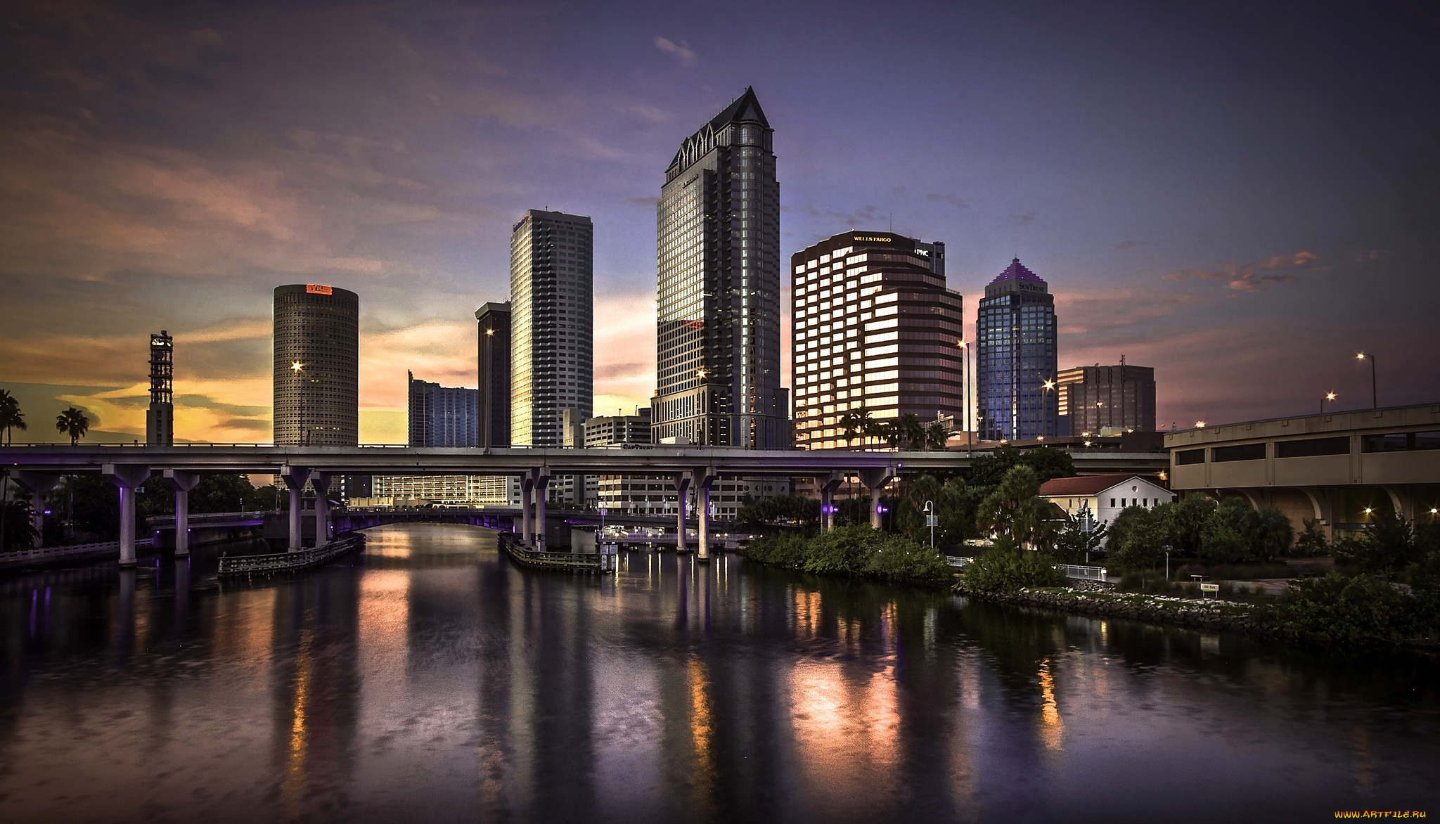 tampa, sunset, города, -, панорамы, мост, река, небоскребы