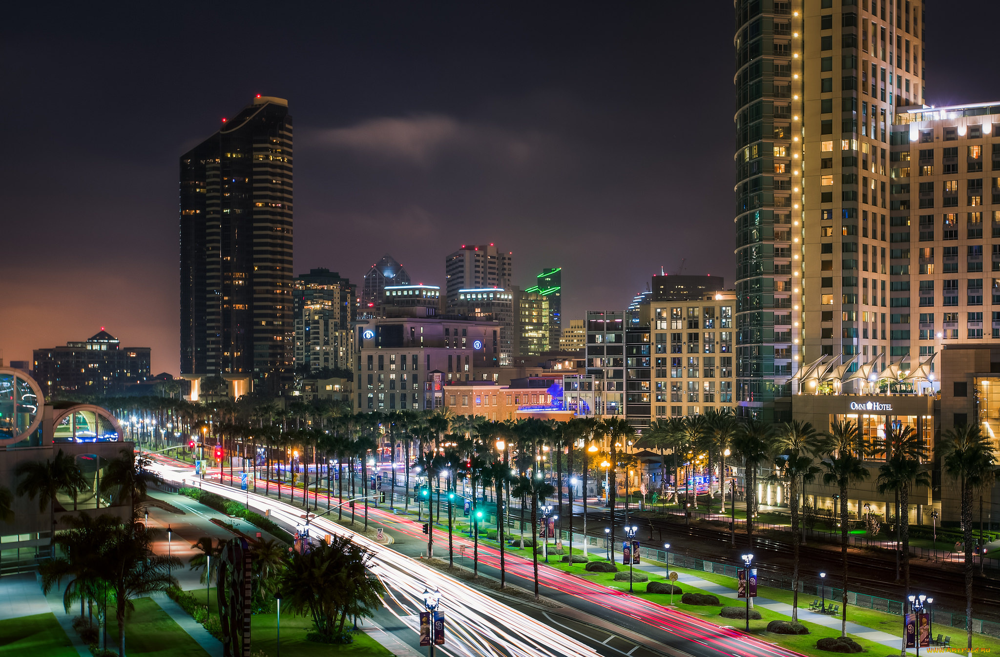 downtown, san, diego, города, сан-диего, , сша, улица, ночь, здания, огни