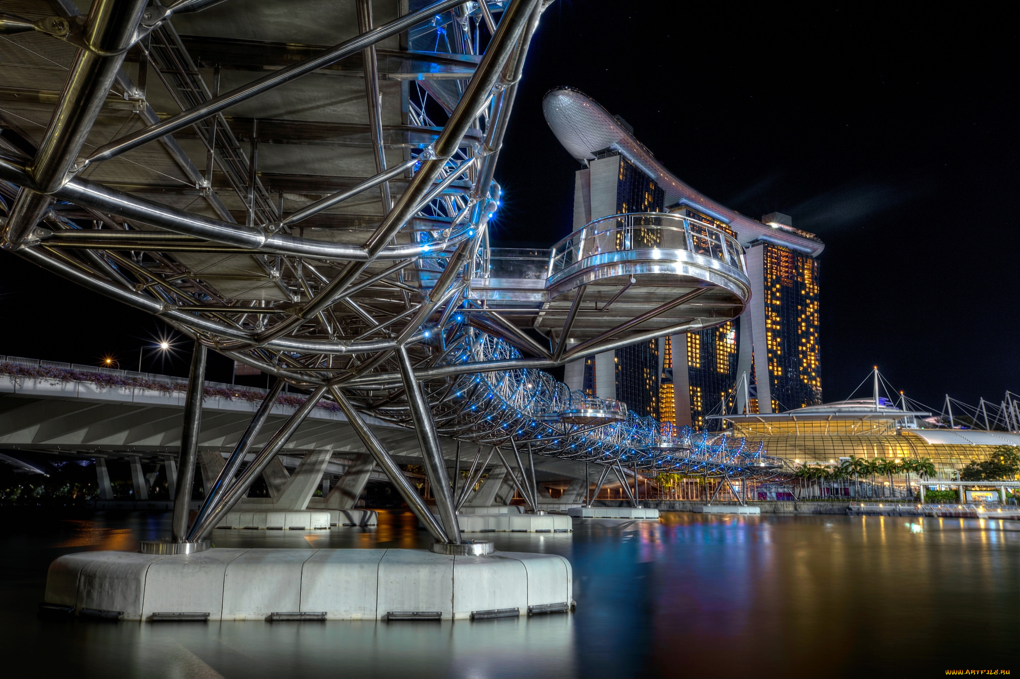 singapore, -, helix, bridge, and, marina, bay, sands, города, сингапур, , сингапур, мост, река, ночь