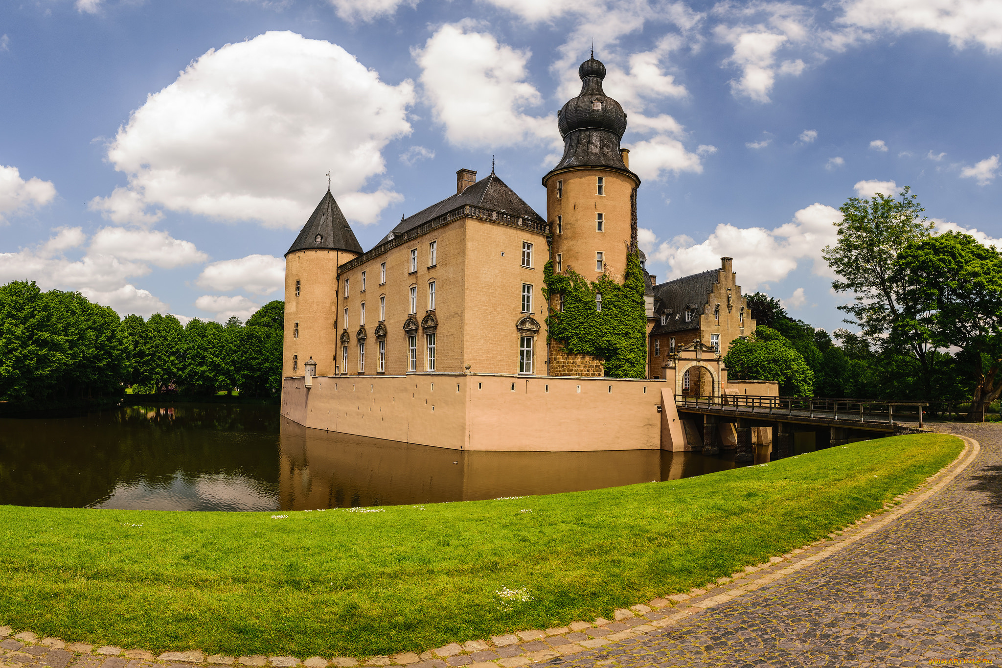 moated, castle, gemen, города, замки, германии, замок, парк, пруд