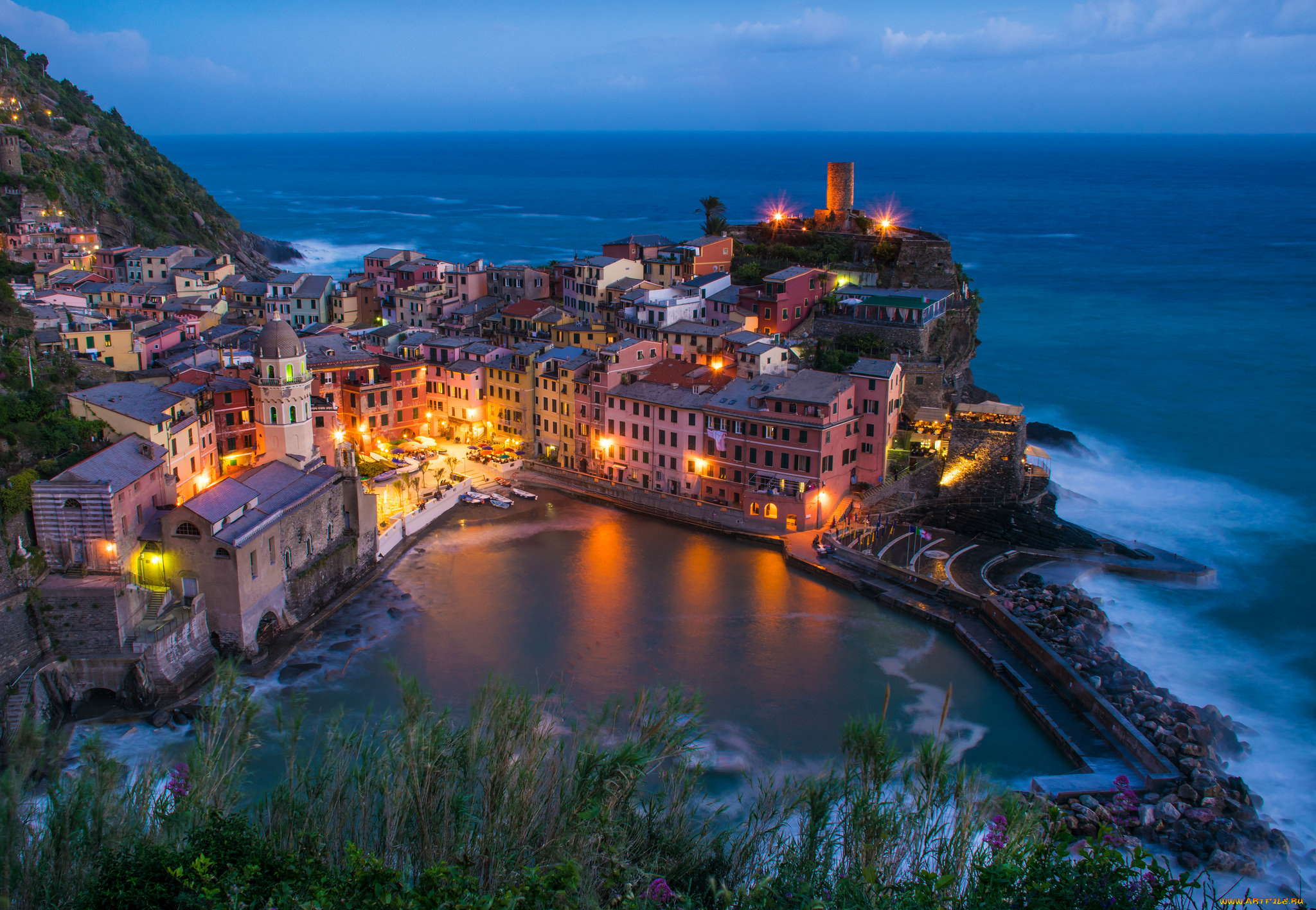 vernazza, at, night, города, амальфийское, и, лигурийское, побережье, , италия, огни, поселок, море