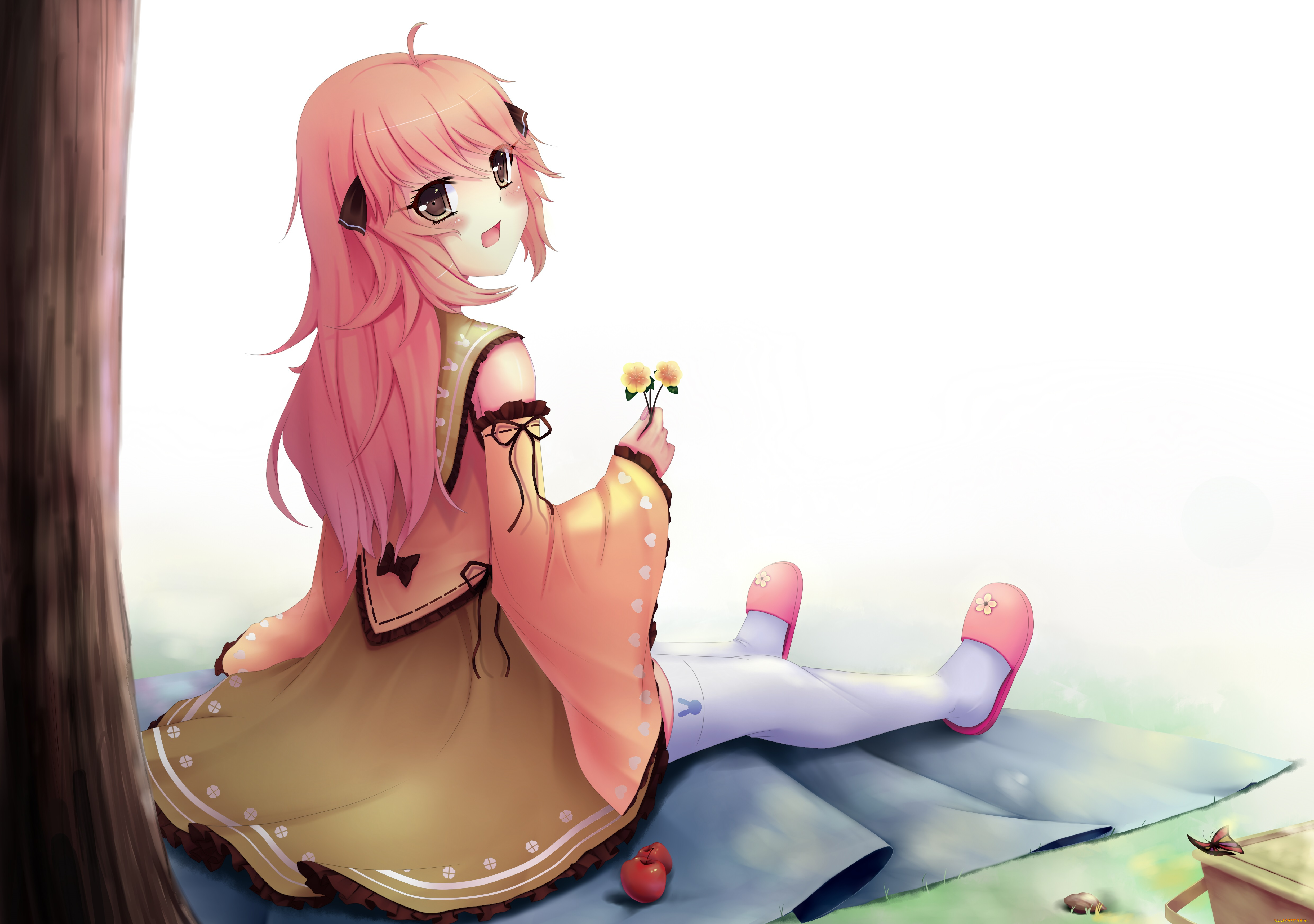 аниме, unknown, , другое, арт, sonic0-0, девушка, цветы, дерево, яблоки