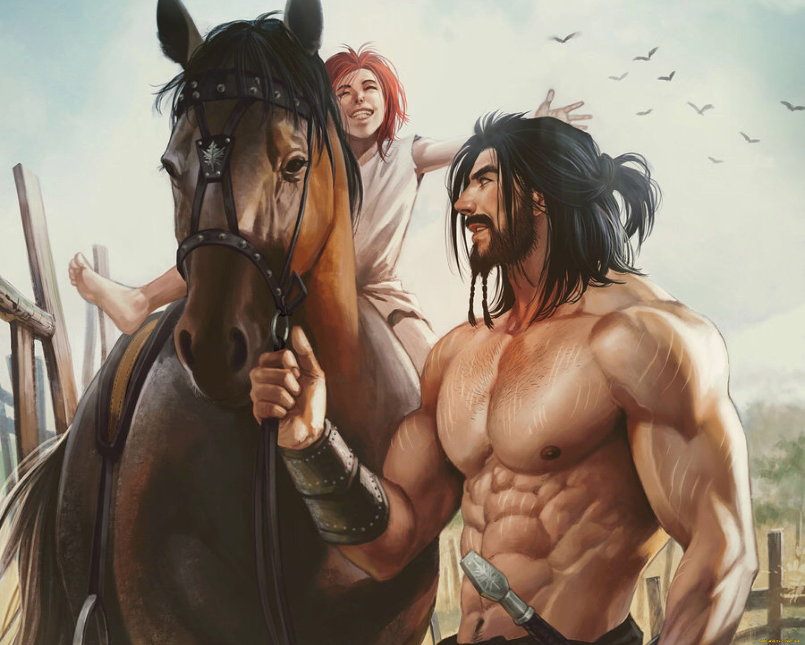 рисованное, aenaluck, мужчина, борода, меч, лошадь, девочка