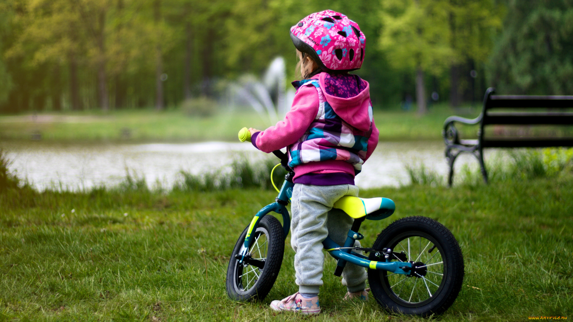 разное, дети, девочка, шлем, велосипед, парк, фонтан