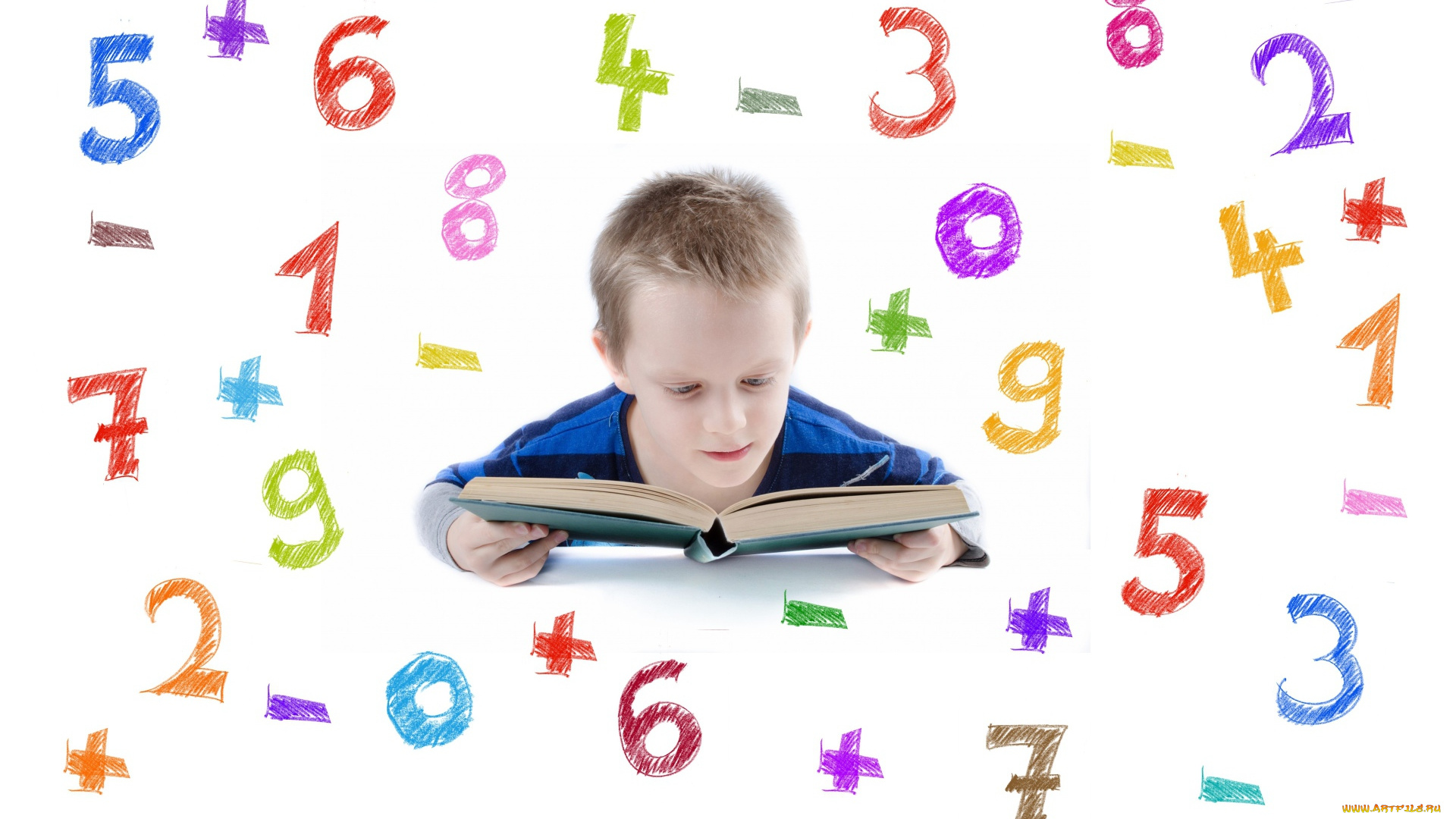 разное, дети, мальчик, книга, цифры, математика
