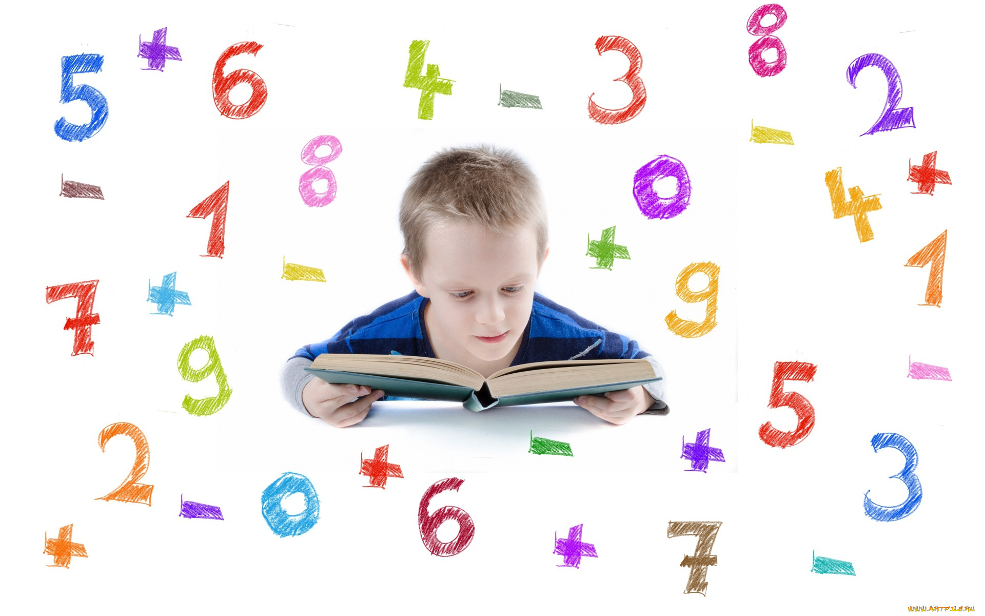 разное, дети, мальчик, книга, цифры, математика