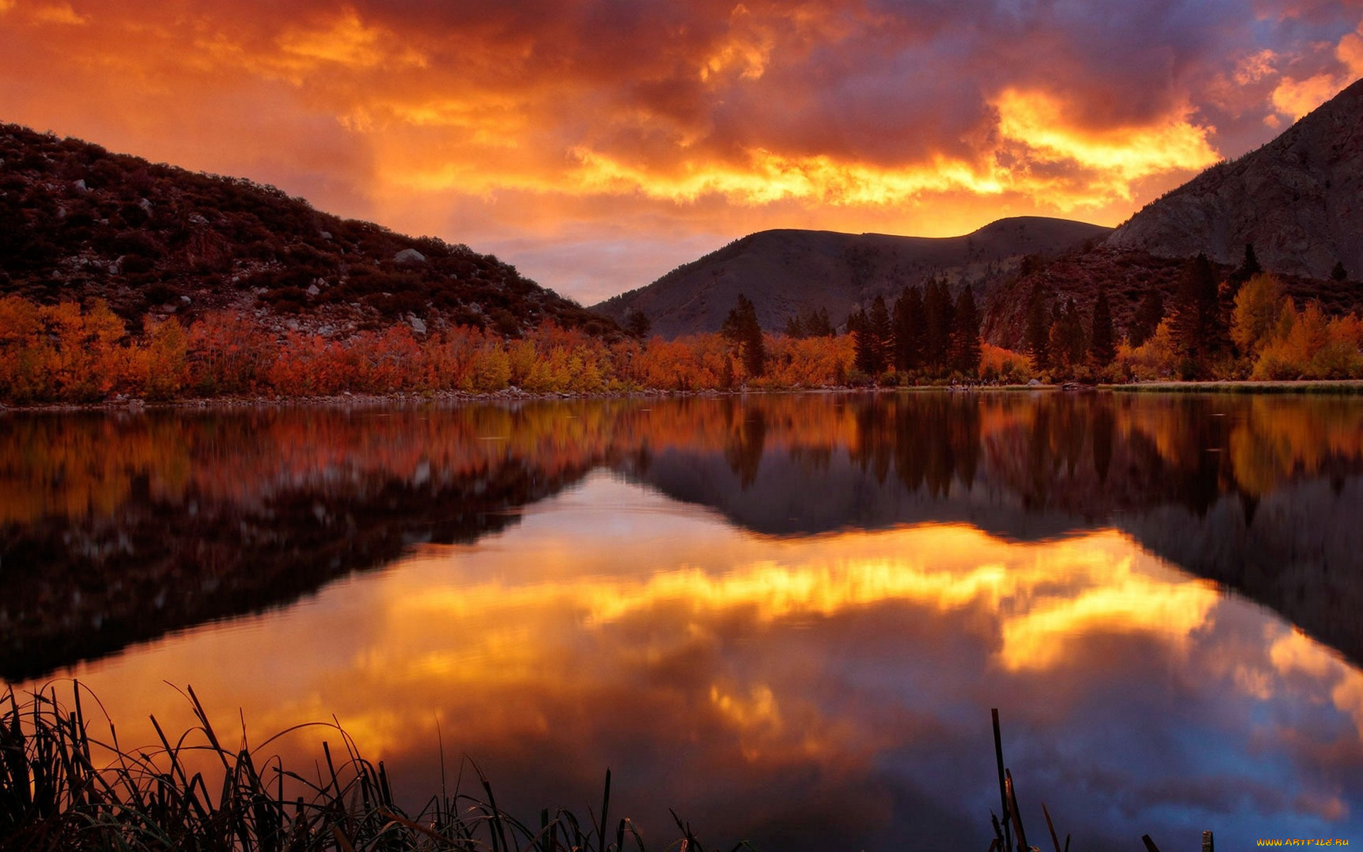 amazing, red, lake, sunset, природа, реки, озера, тучи, озеро, закат, горы