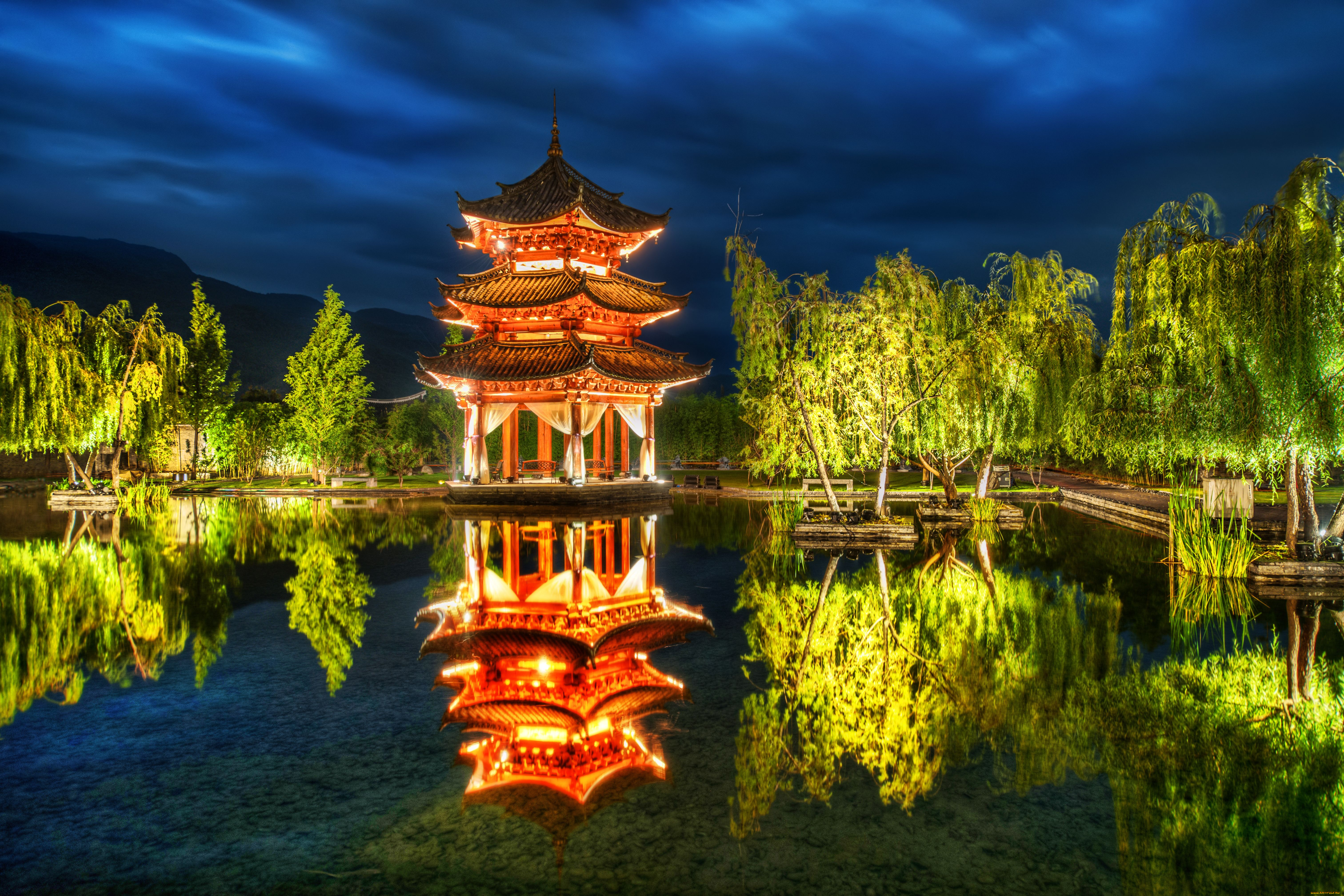 lijiang, china, природа, парк, пагода, деревья, пруд, отражение, китай