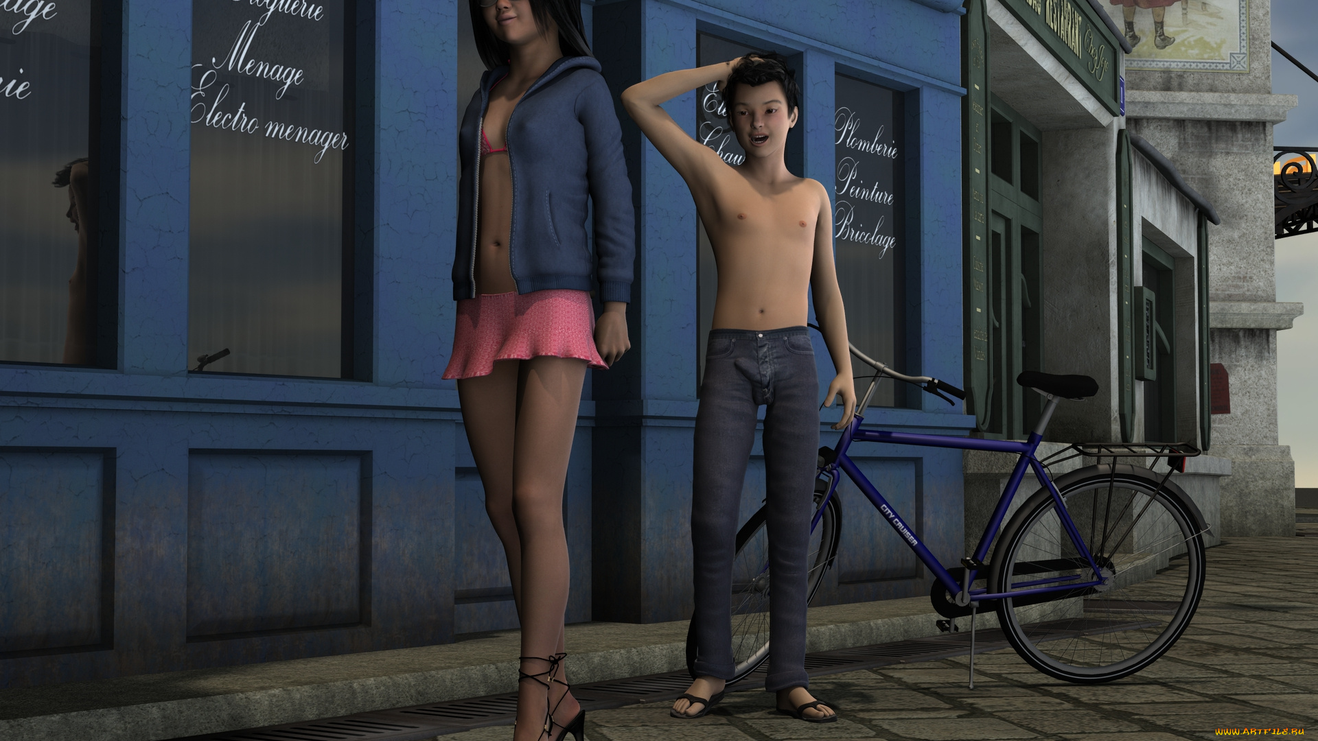3д, графика, people, люди, велосипед, мальчик, девушка, улица