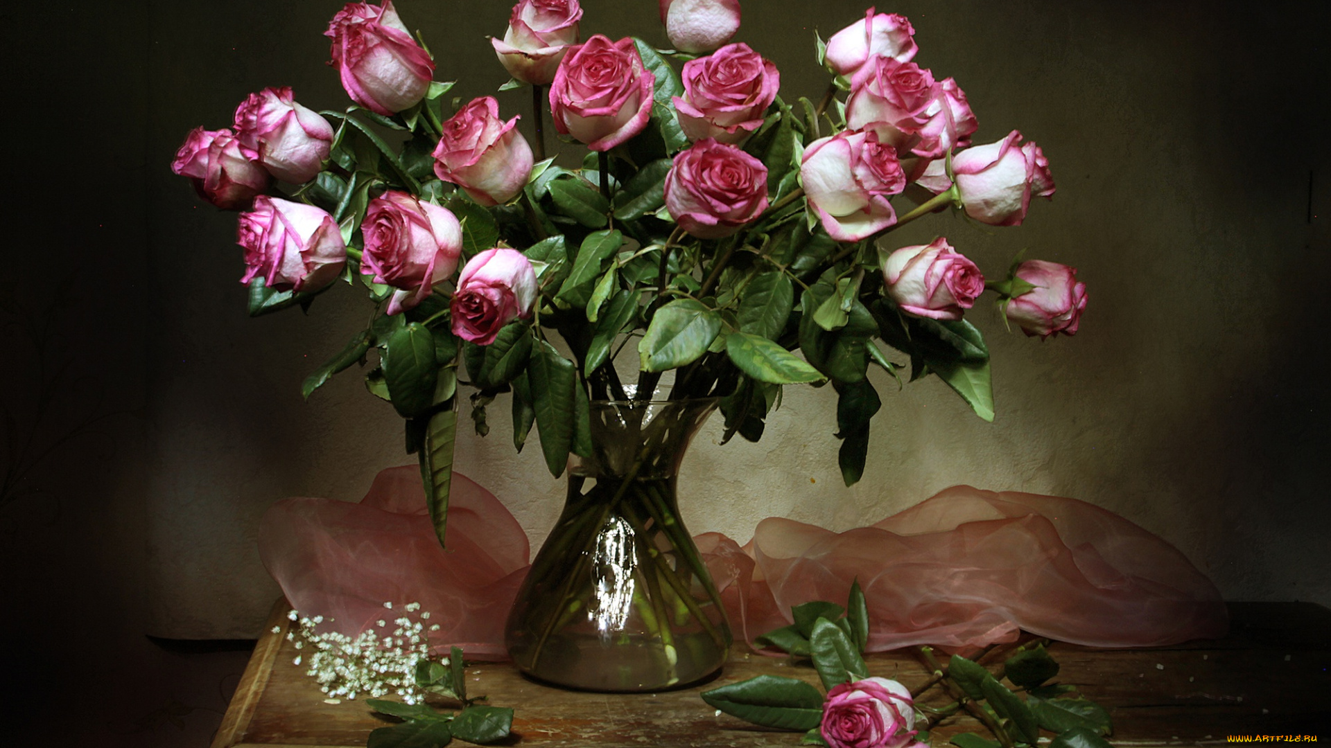 цветы, розы, стол, ваза, натюрморт, тюль