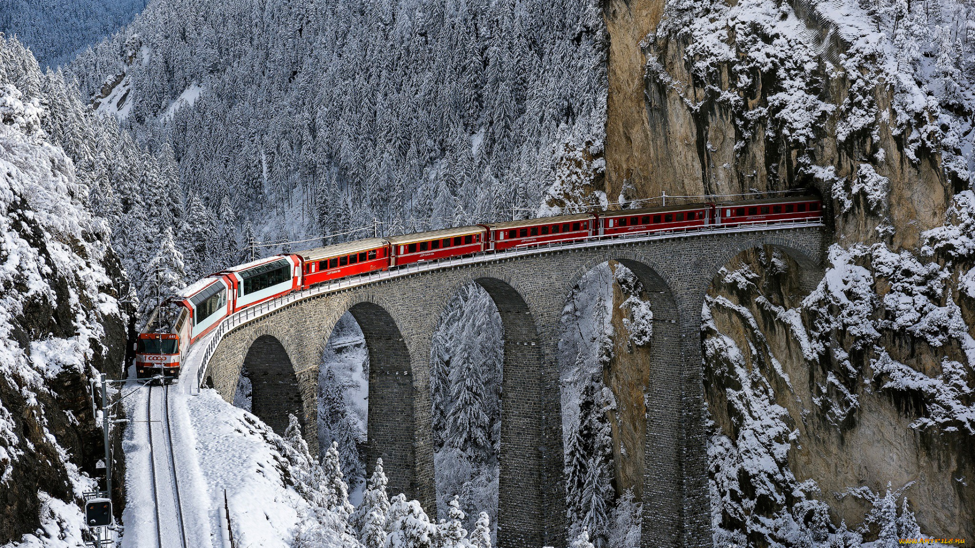 техника, поезда, поезд, горы, швейцария, железная, дорога, снег, мост, лес