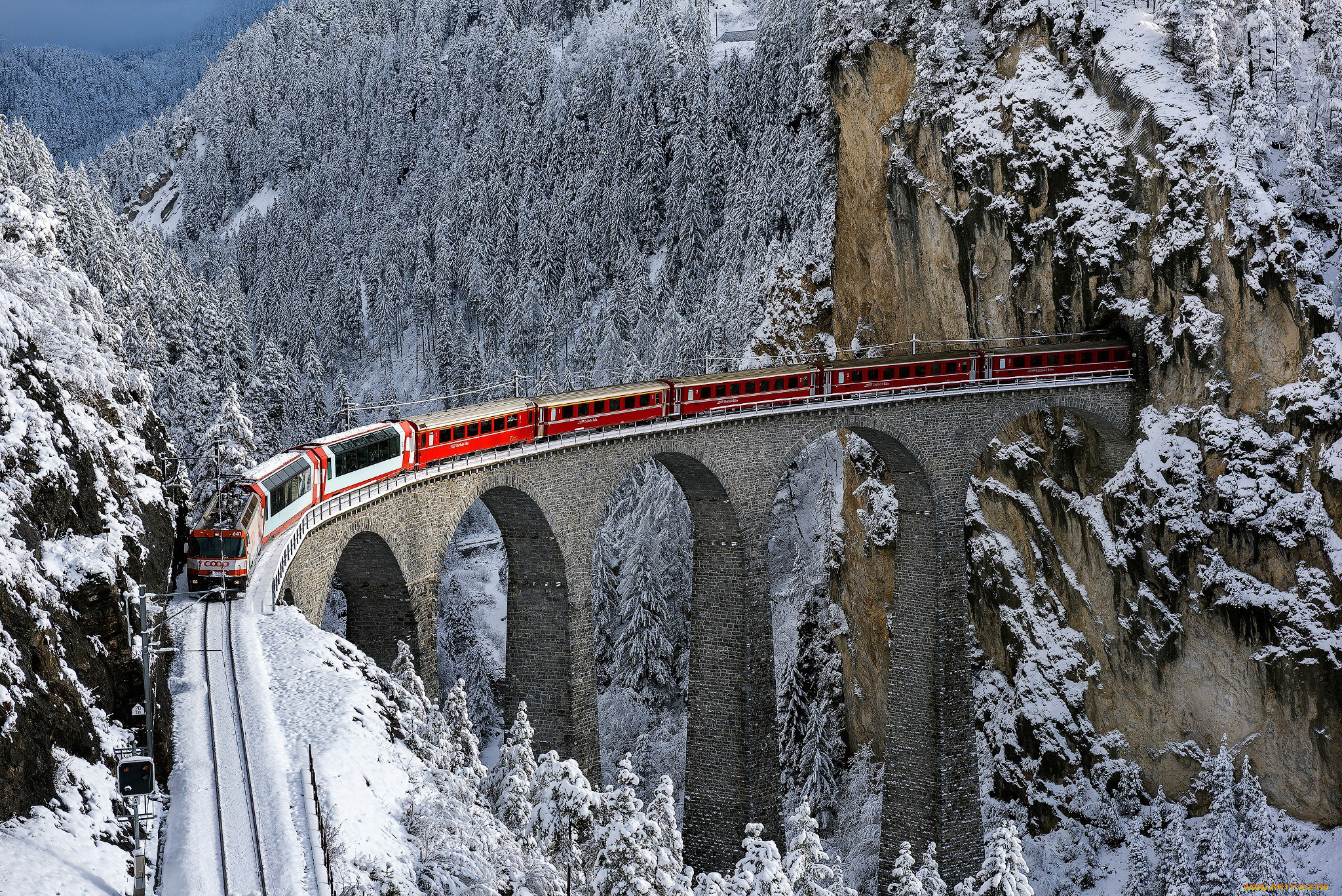 техника, поезда, поезд, горы, швейцария, железная, дорога, снег, мост, лес