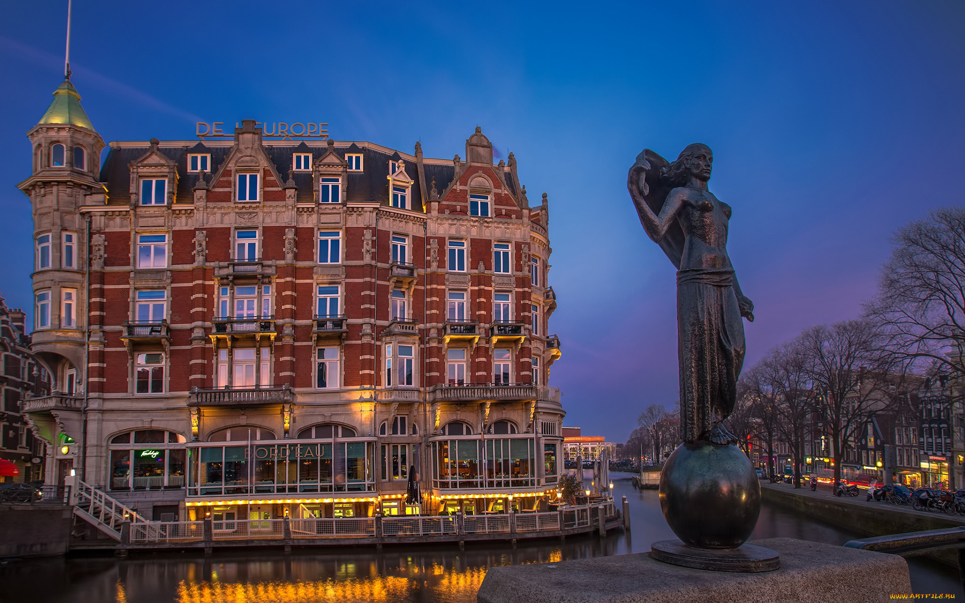 города, амстердам, , нидерланды, канал, отель, скульптура, вечер, огни