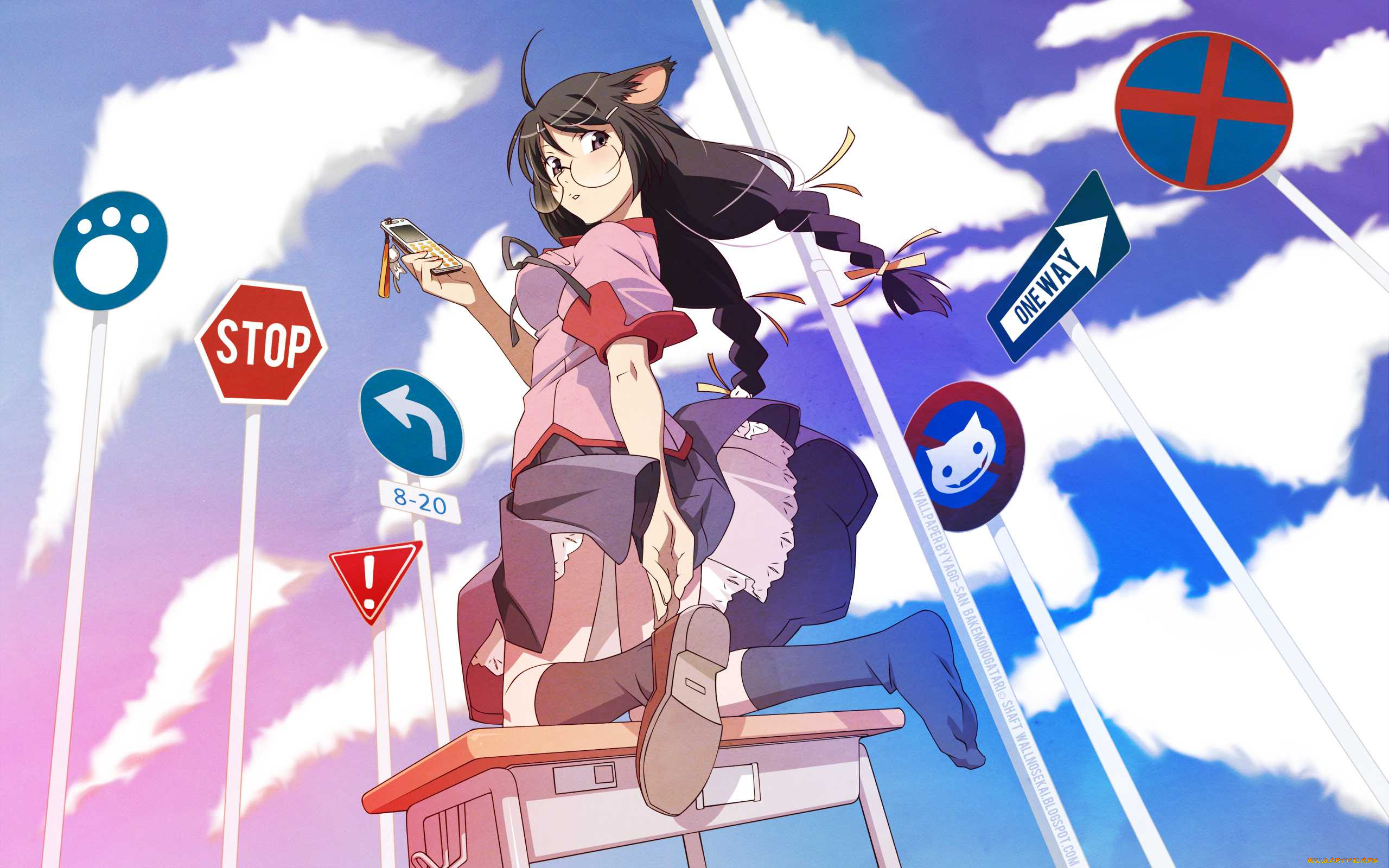 bakemonogatari, аниме, hanekawa, tsubasa, девушка, форма, очки, ушки, кошка, небо, облака, дорожные, знаки, стол, мобильный, телефон