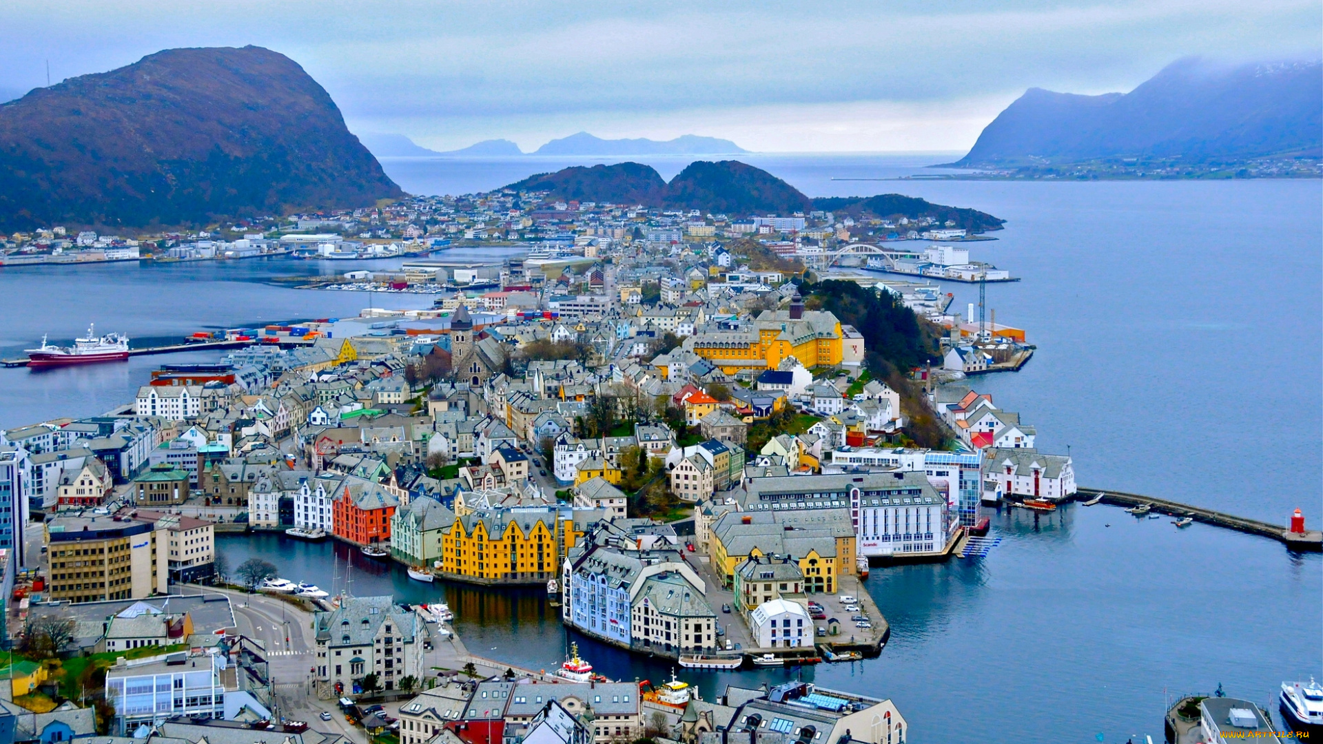 alesund, norway, города, панорамы, порт, горы, алесунд, норвегия, фьорд, здания