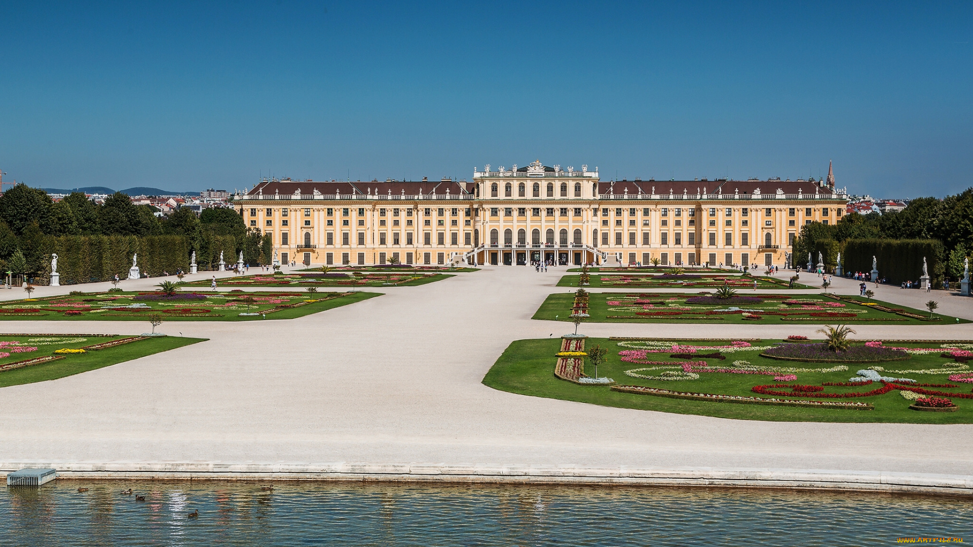 schonbrunn, palace, vienna, austria, города, вена, австрия, вода, статуи, клумбы, дворец, шёнбрунн