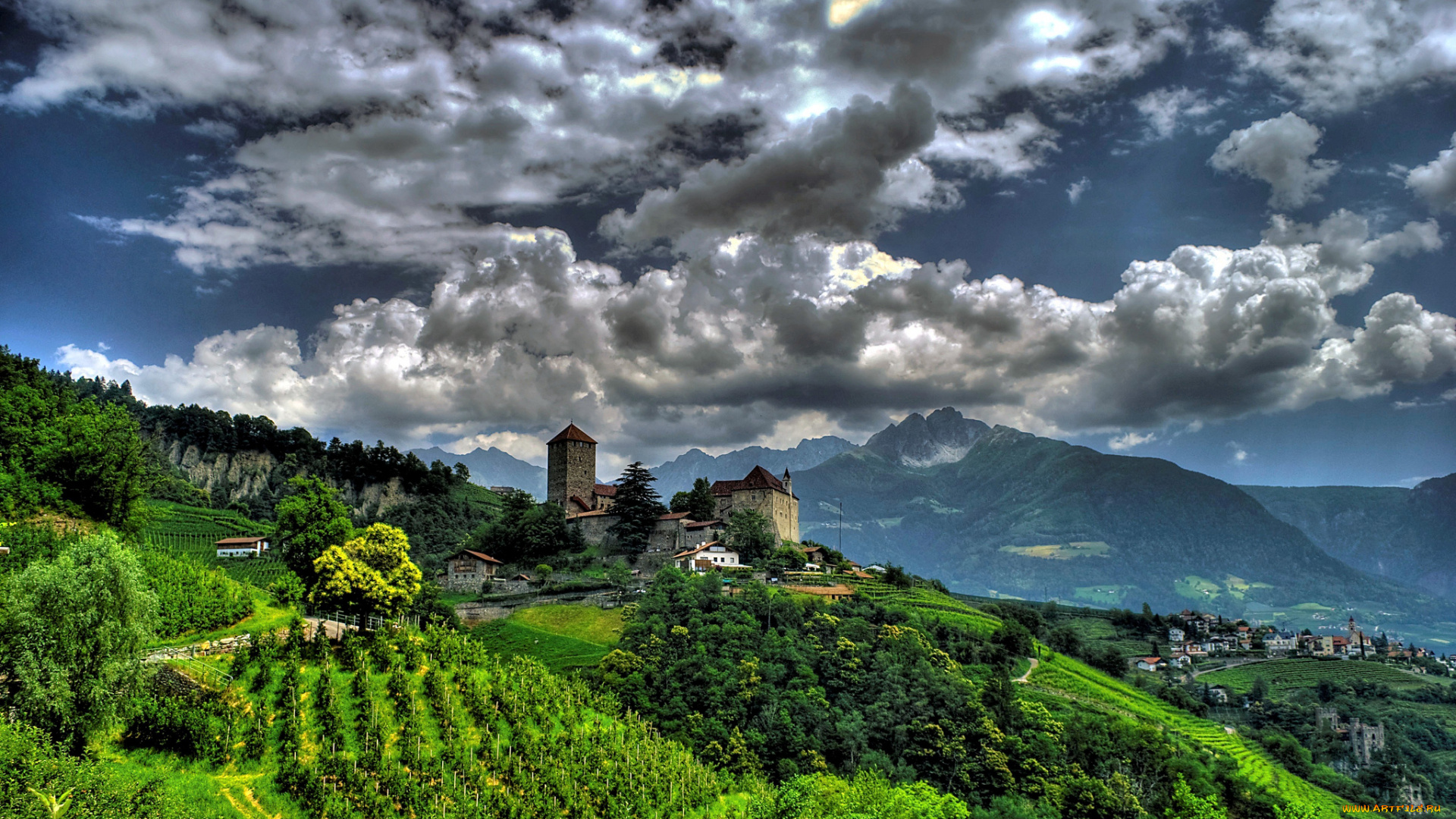 tirol, village, trentino, alto, adige, italy, города, пейзажи, trentino-alto, castle, деревня, тироло, пейзаж, горы, замок, италия