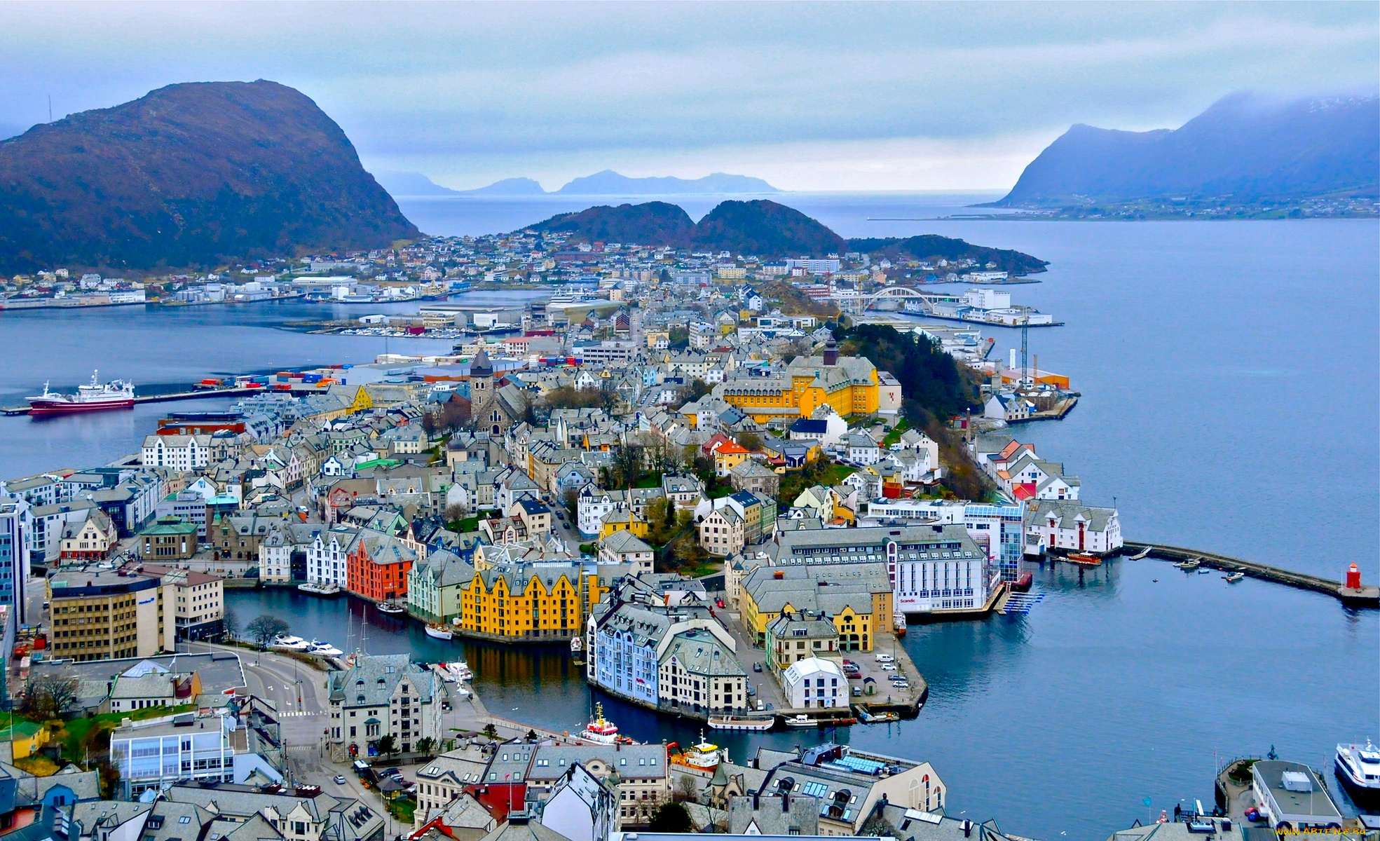 alesund, norway, города, панорамы, порт, горы, алесунд, норвегия, фьорд, здания