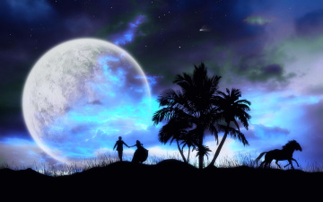 Картинка 3д графика atmosphere mood атмосфера настроения ночь комета небо звезды пальмы фигуры луна