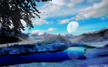 Картинка 3д графика atmosphere mood атмосфера настроения облака дымка озеро горы птицы ветки планета