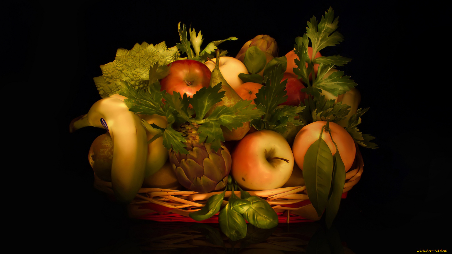 еда, фрукты, , ягоды, апельсин, натюрморт, грушa, банан, яблоко, цитрусы, листья