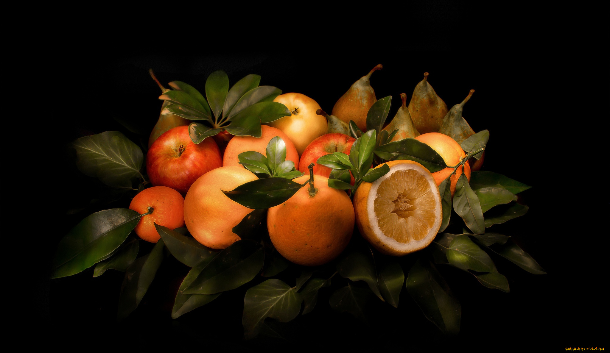 еда, фрукты, , ягоды, грушa, листья, яблоко, апельсин, цитрусы, натюрморт
