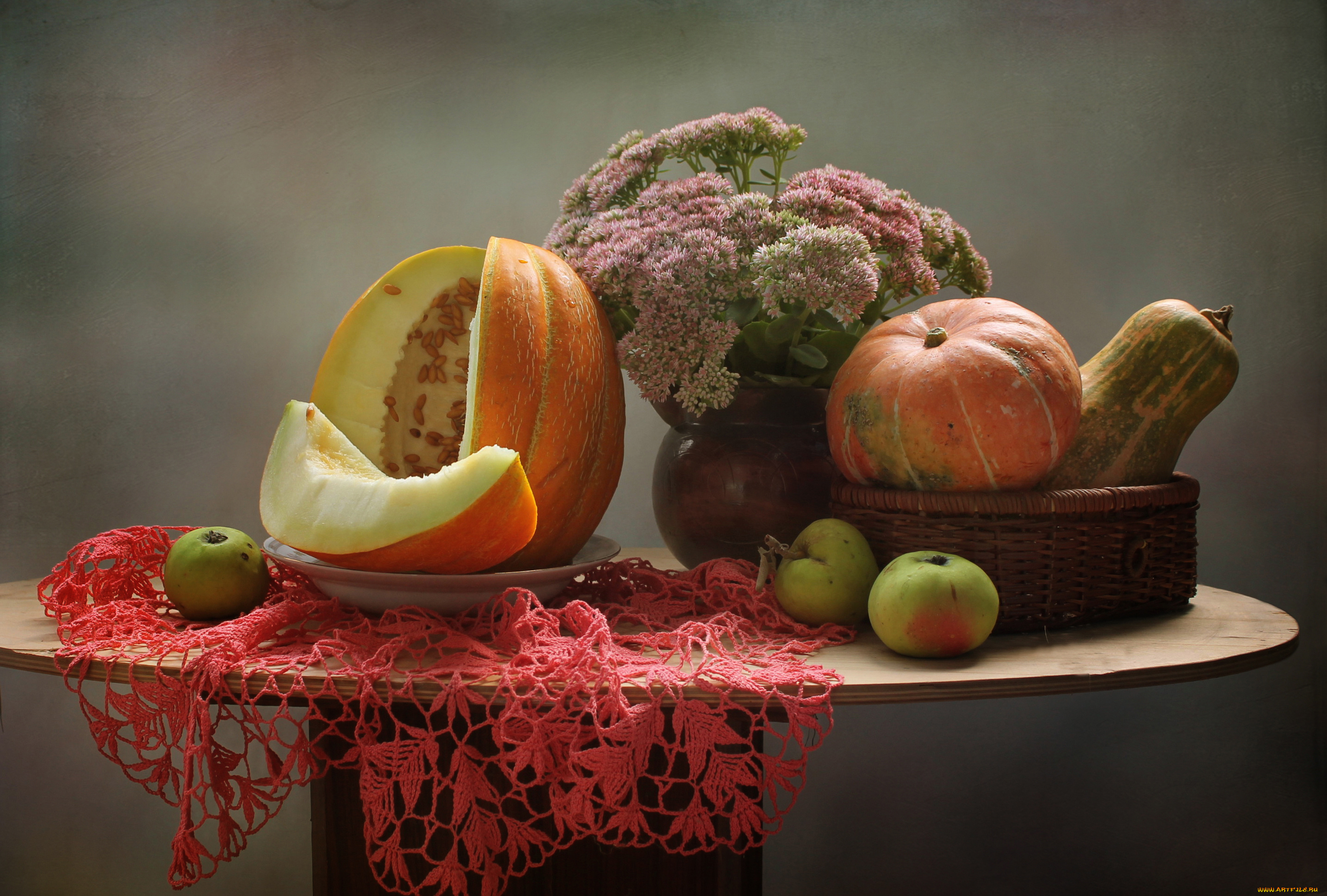 еда, натюрморт, осень, яблоки, тыква, цветы, дыня, сентябрь, очиток