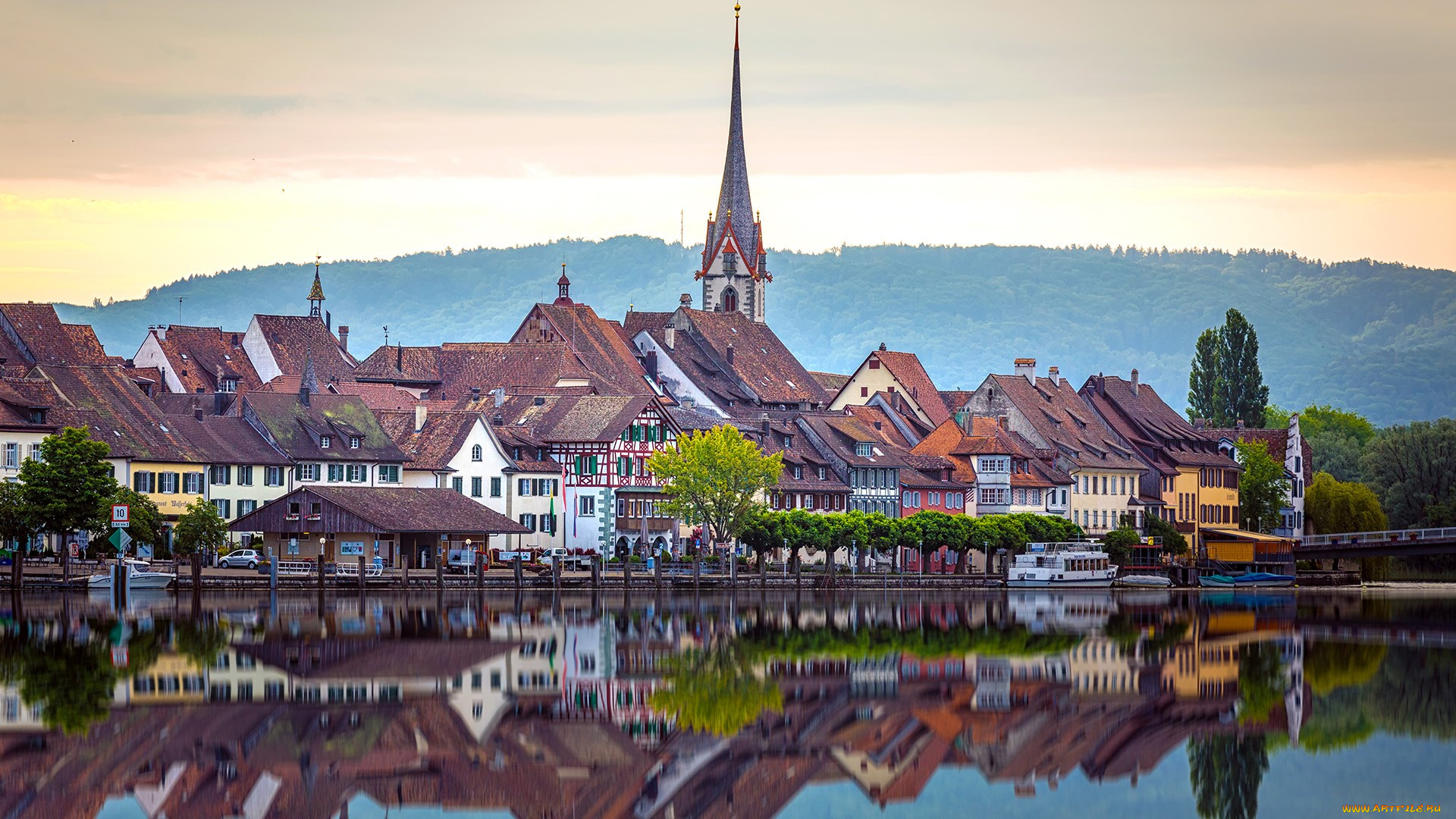 the, rhine, river, , stein, am, rhein, , schaffhausen, , switzerland, города, -, улицы, , площади, , набережные, пейзаж, горы, рассвет, дома, церковь, город, набережная, лодка, деревья, швейцария