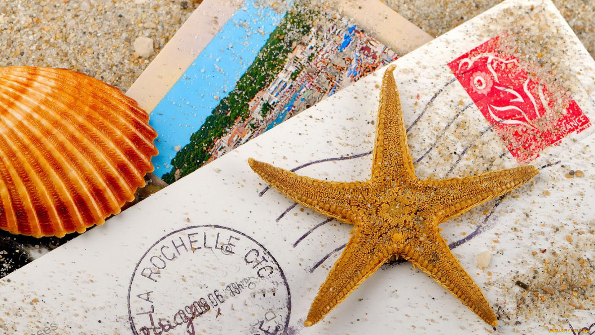 разное, ракушки, , кораллы, , декоративные, и, spa-камни, ракушка, песок, морская, звезда, письмо, конверт, фотография, открытка