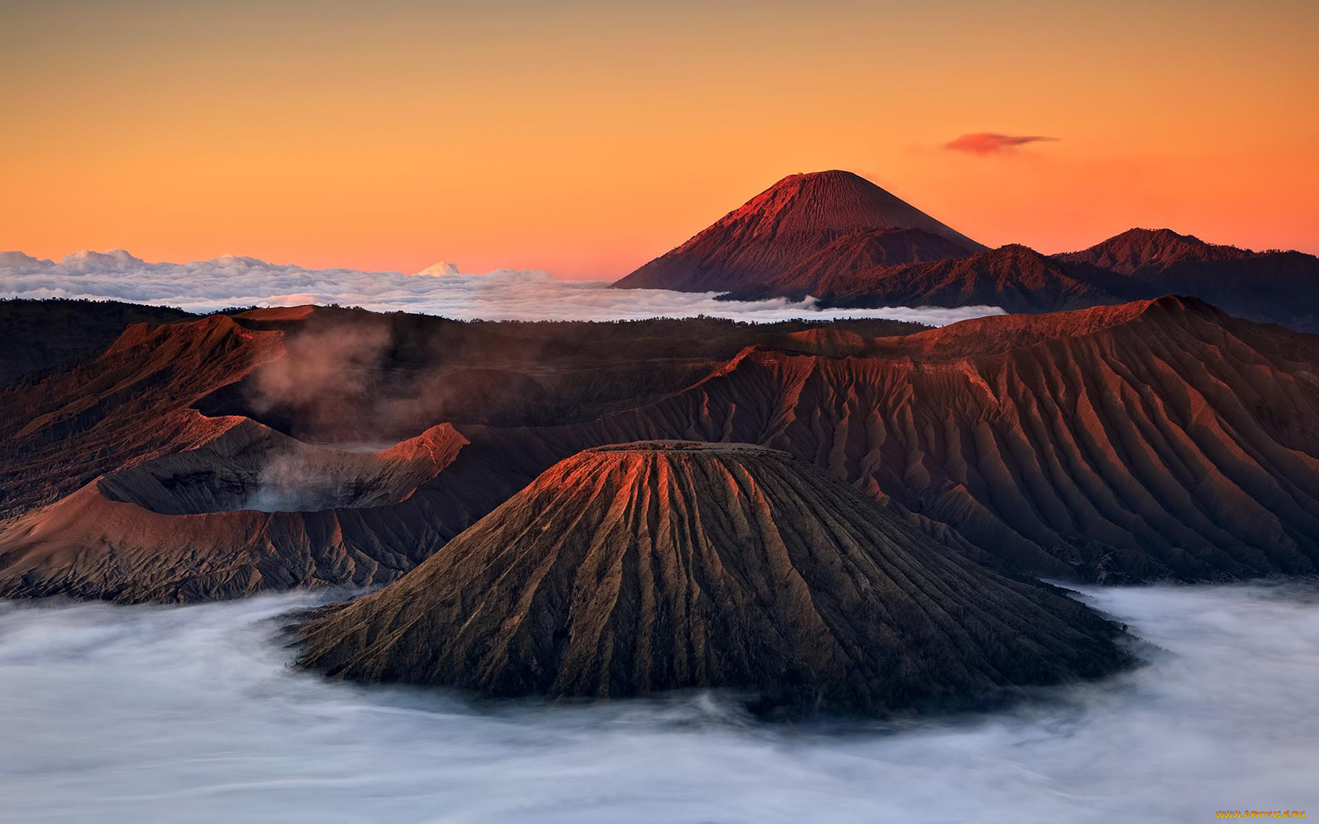 природа, горы, индонезия, восточная, Ява, гора, бромо, дым, туман, закат, вулканы
