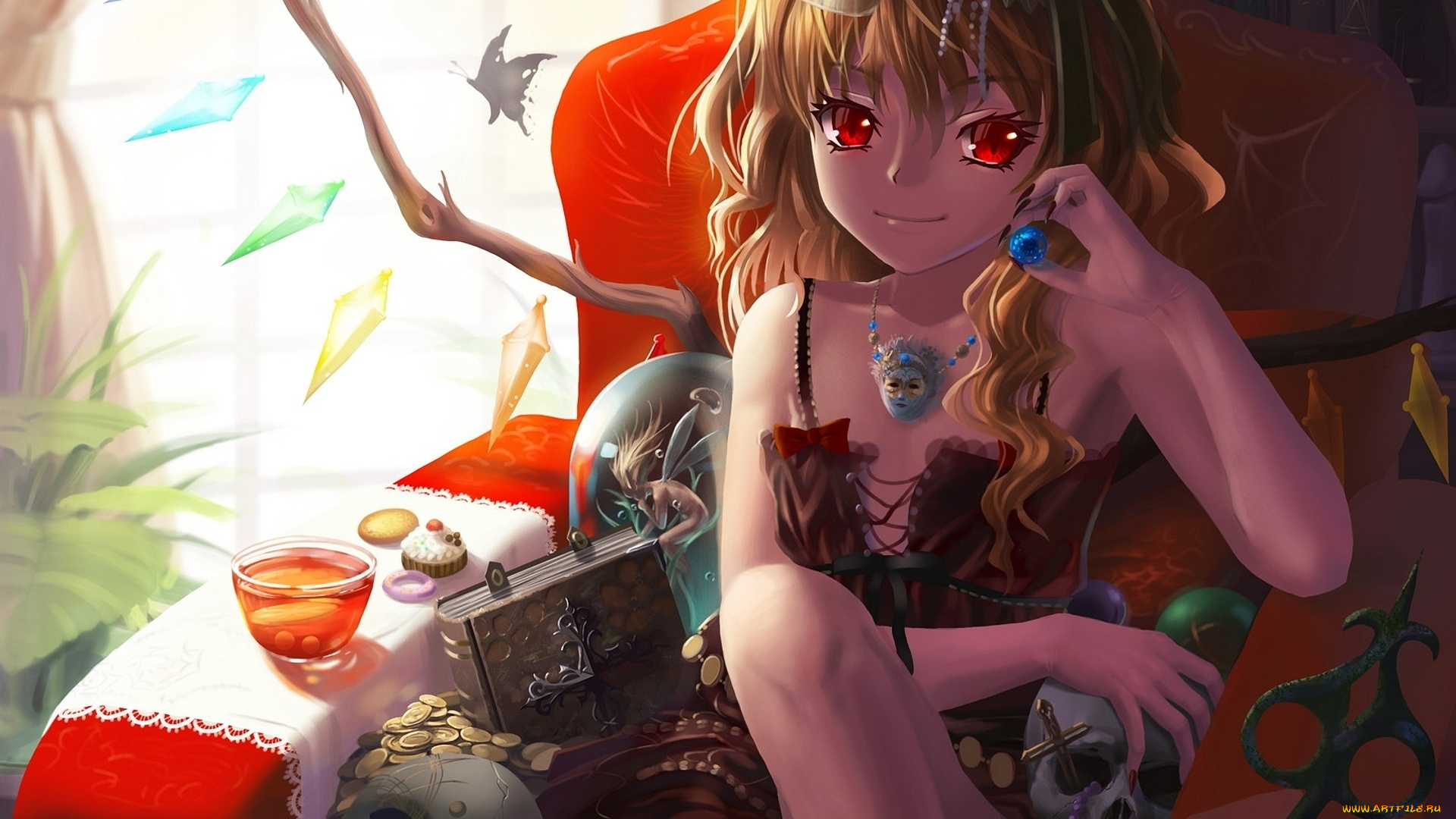 аниме, touhou, кресло, девушка, бусина, маска, бабочки, корона, чашка