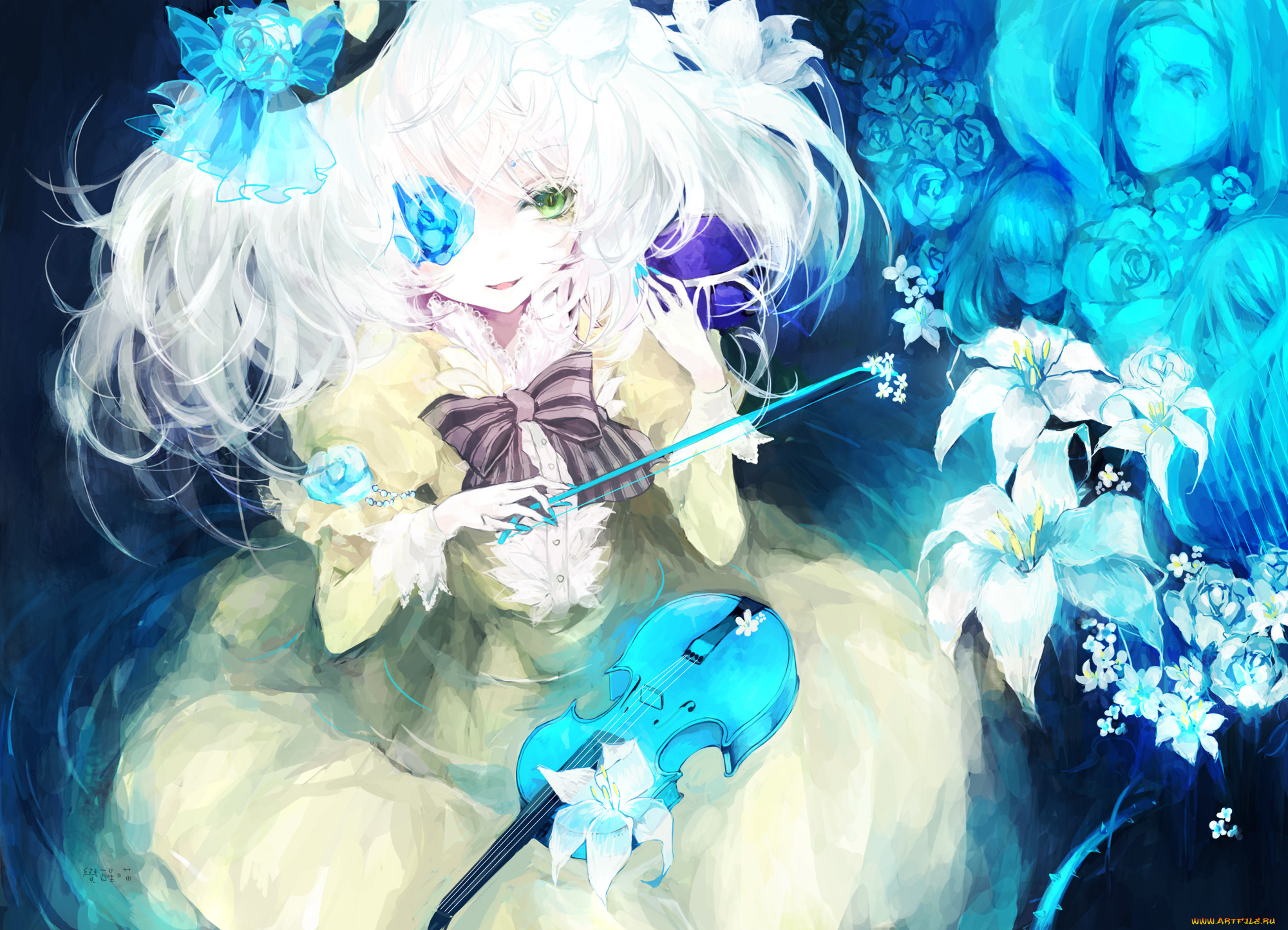 аниме, touhou, цветы, бант, девушка, скрипка