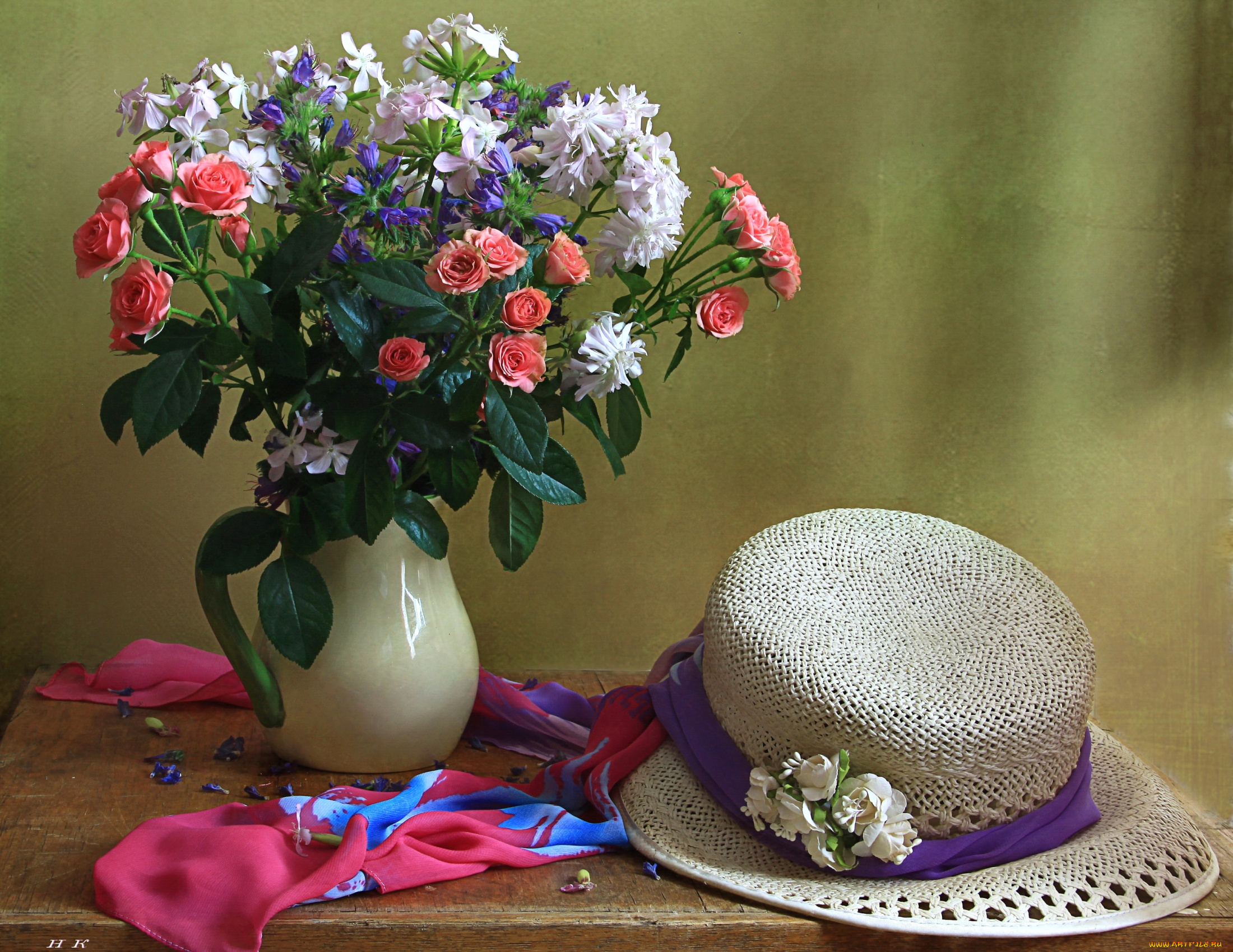 цветы, букеты, композиции, розы, шляпа, платок
