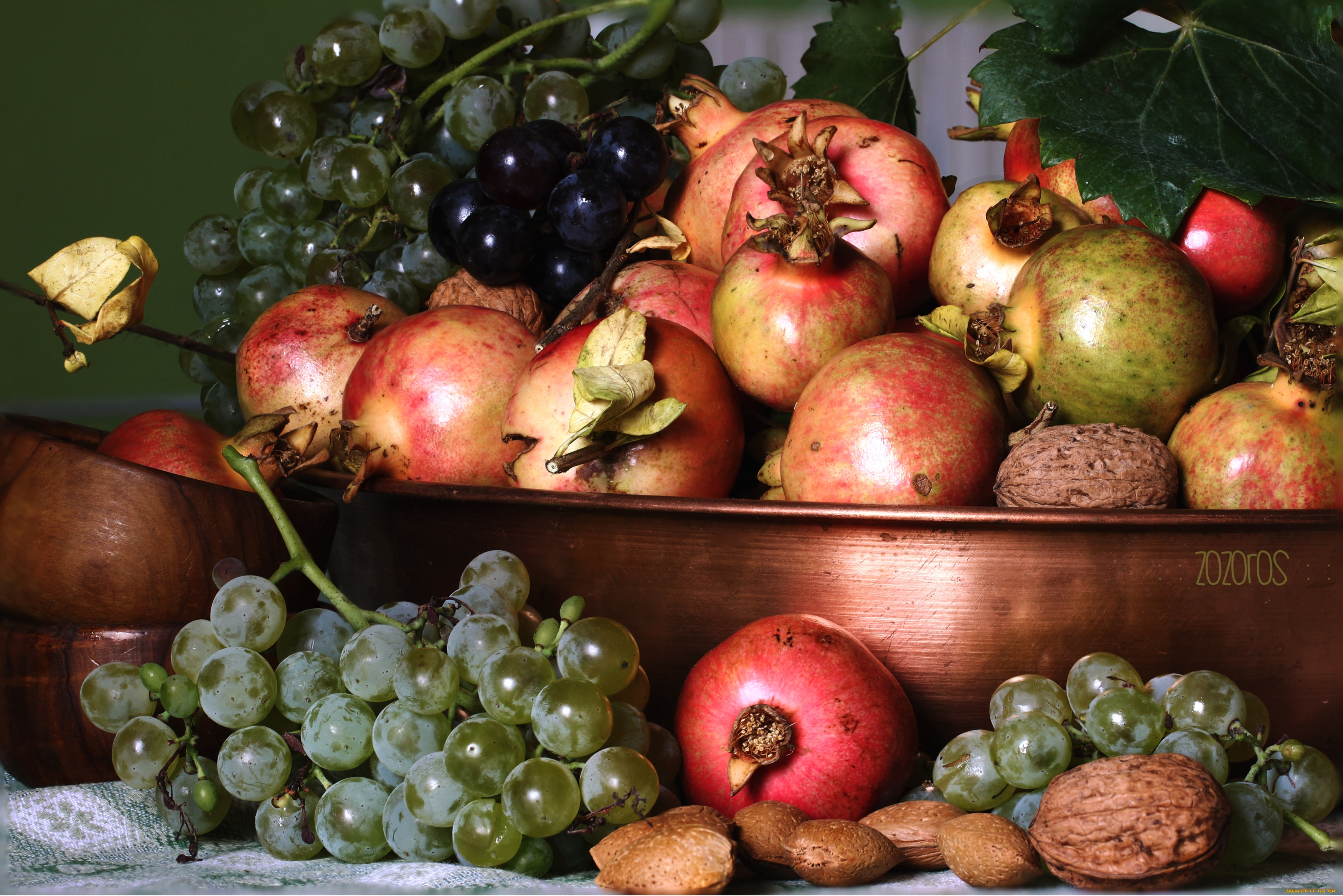 еда, фрукты, ягоды, миндаль, виноград, гранаты, грецкий, орех
