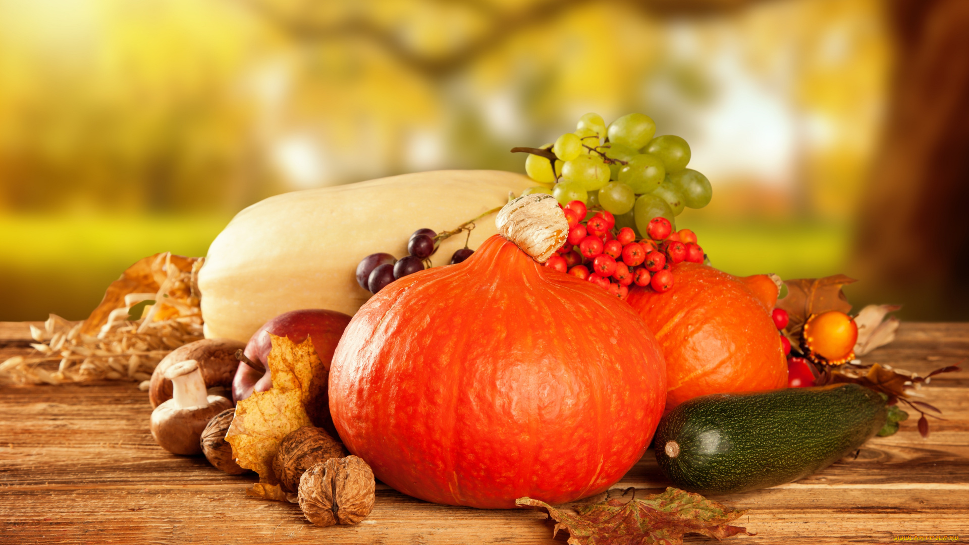 еда, фрукты, и, овощи, вместе, осень, виноград, яблоки, грибы, тыква, фрукты, овощи, урожай