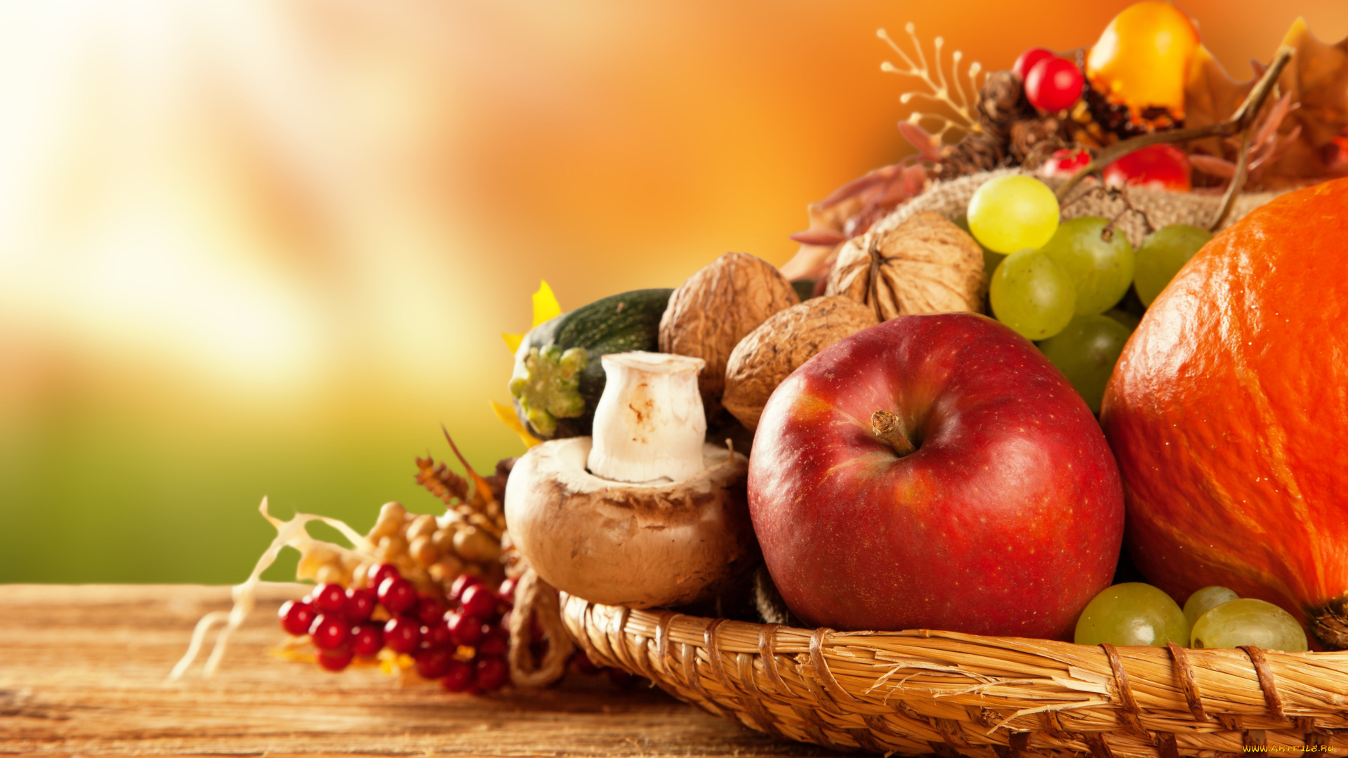 еда, фрукты, и, овощи, вместе, яблоки, тыква, фрукты, овощи, урожай, осень, виноград, грибы
