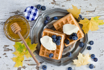 Картинка еда мороженое +десерты ягоды черника мед пломбир завтрак вафли осень листья