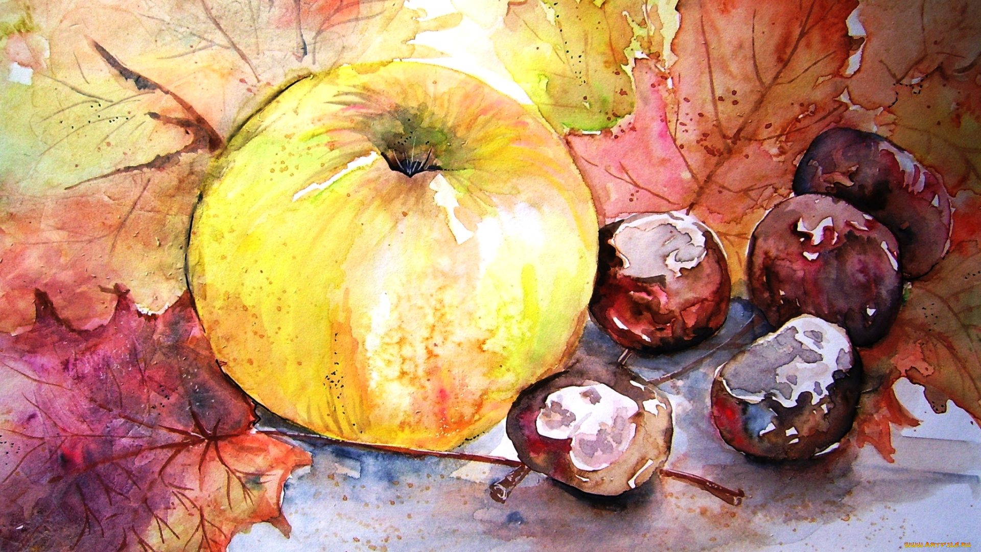 рисованные, еда, листья, каштаны, яблоко, акварель